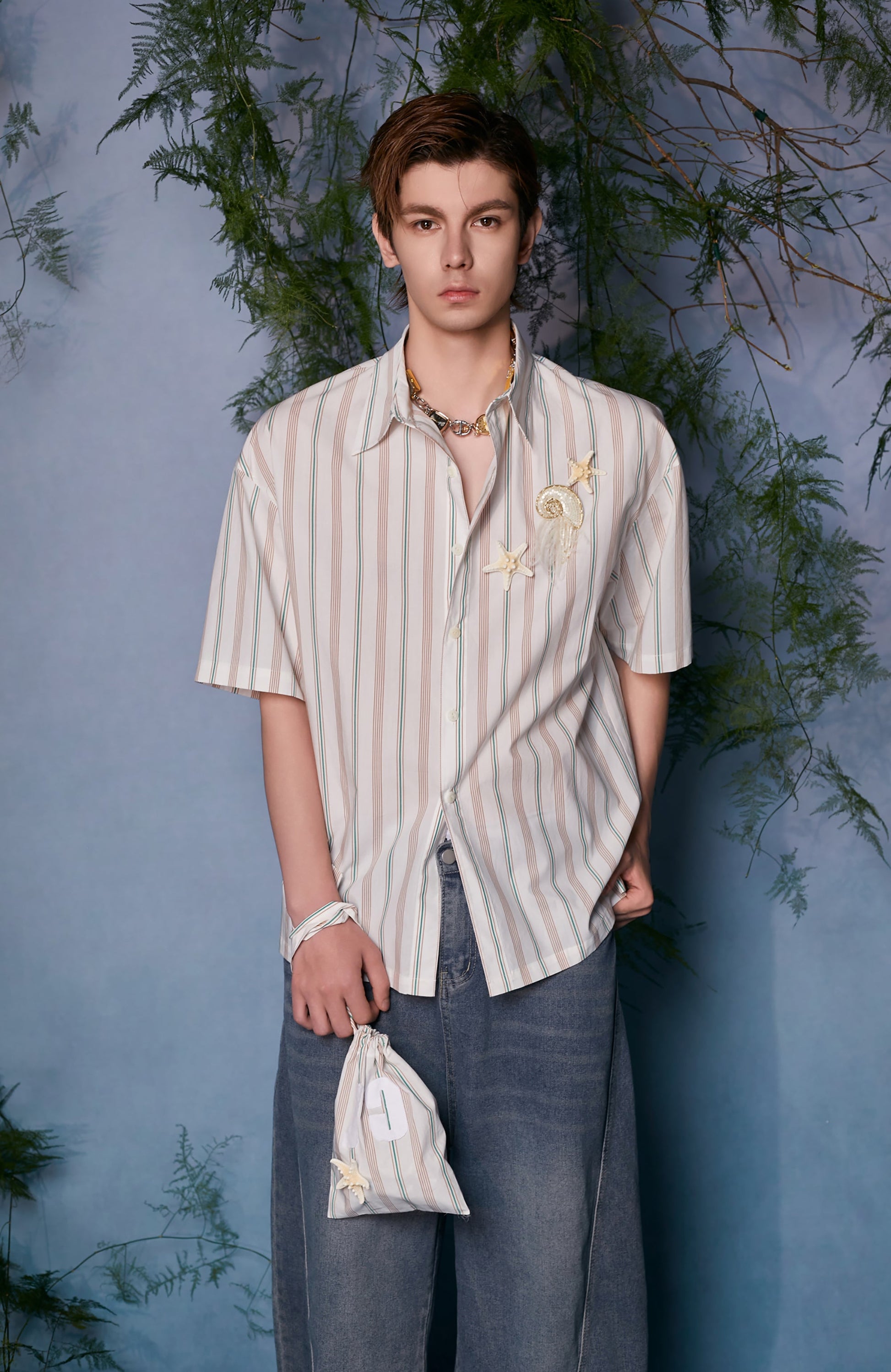JIECHI Striped Shell-Embellished Half Shirt-Half shirt-M (Preorder)-Free Shipping Leatheretro
