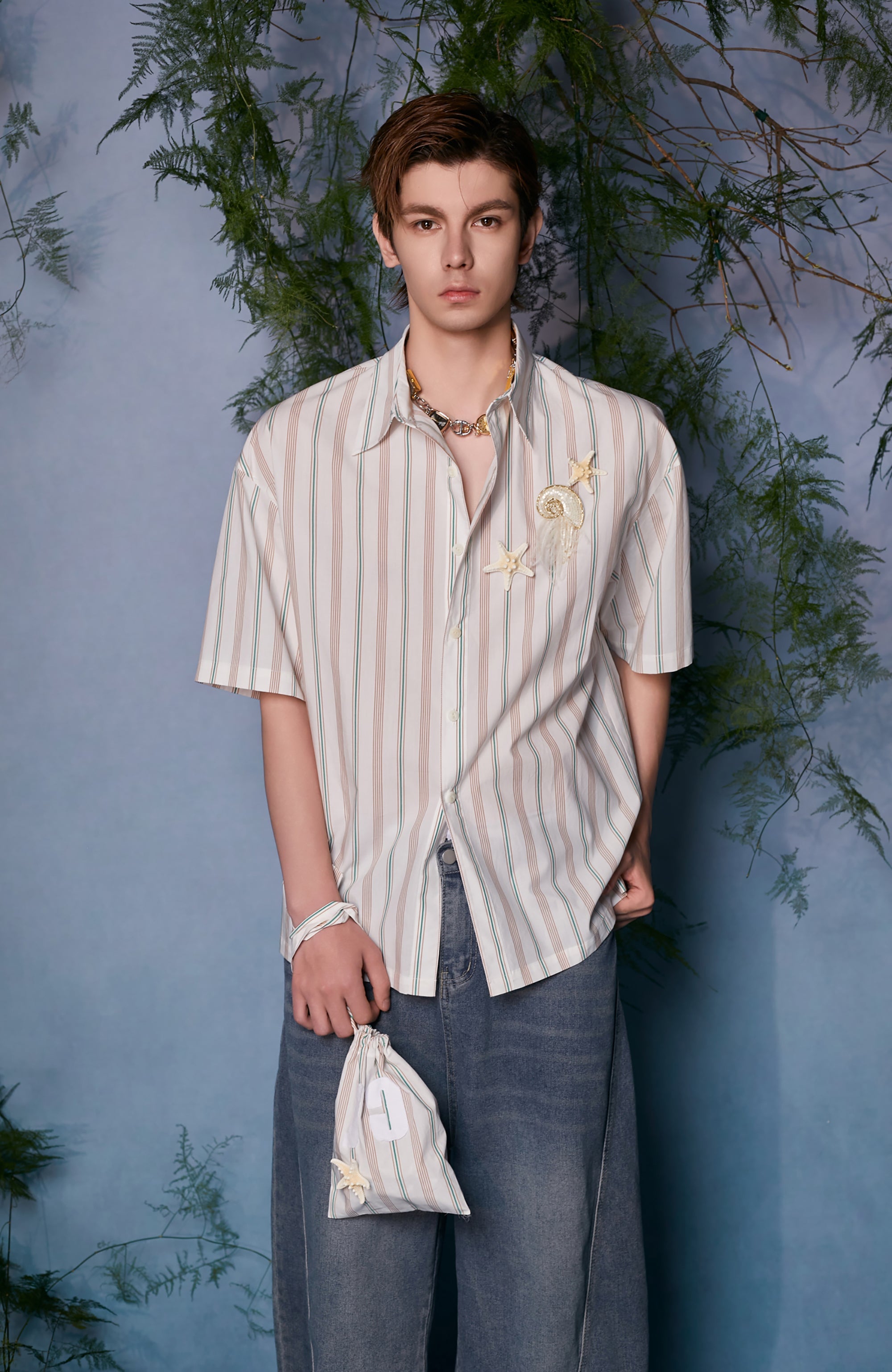 JIECHI Striped Shell-Embellished Half Shirt-Half shirt-M (Preorder)-Free Shipping Leatheretro