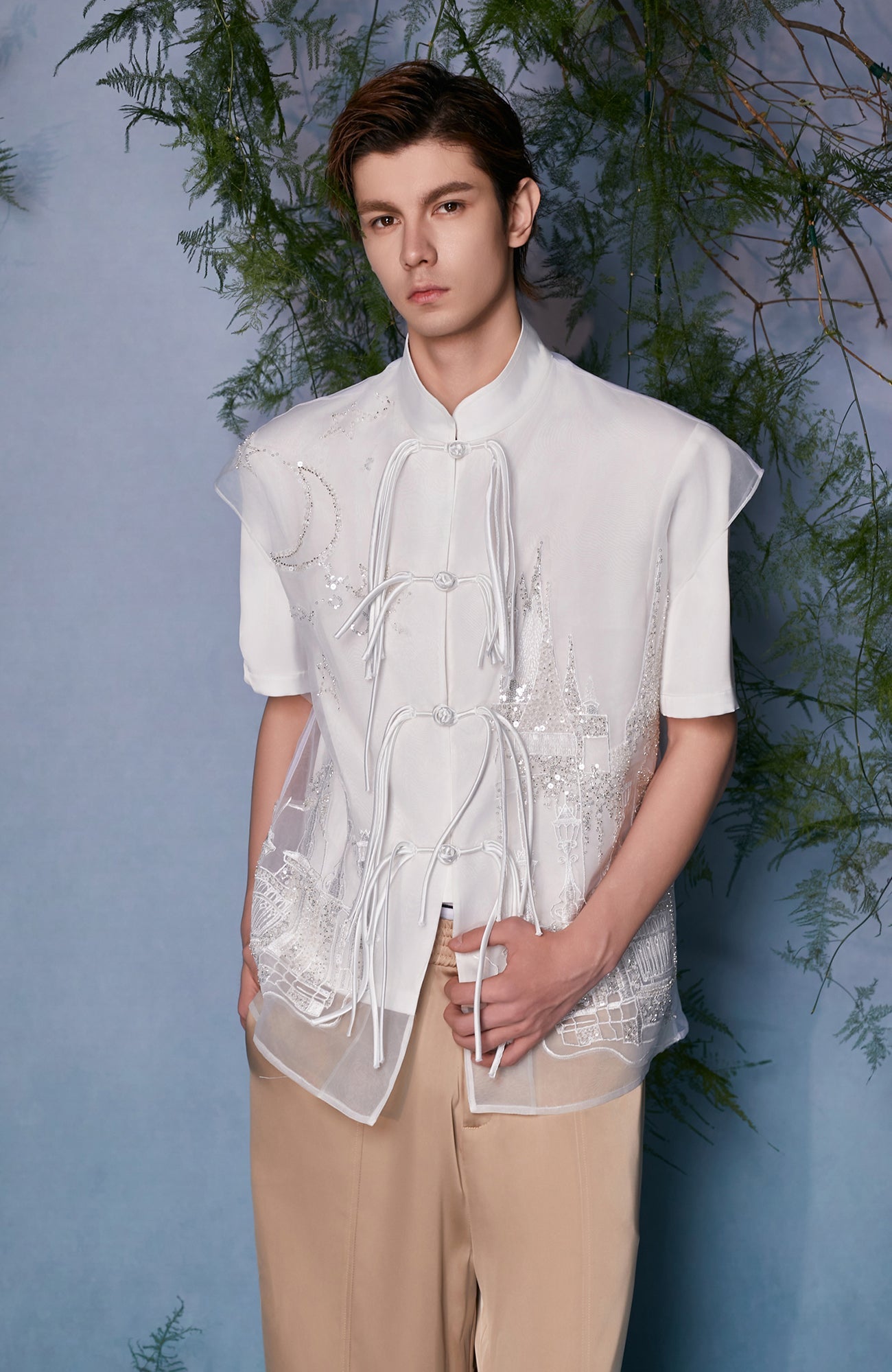 JIECHI Mandarin Embroidered Mesh Panel Half Shirt-Half shirt-M (Preorder)-Free Shipping Leatheretro