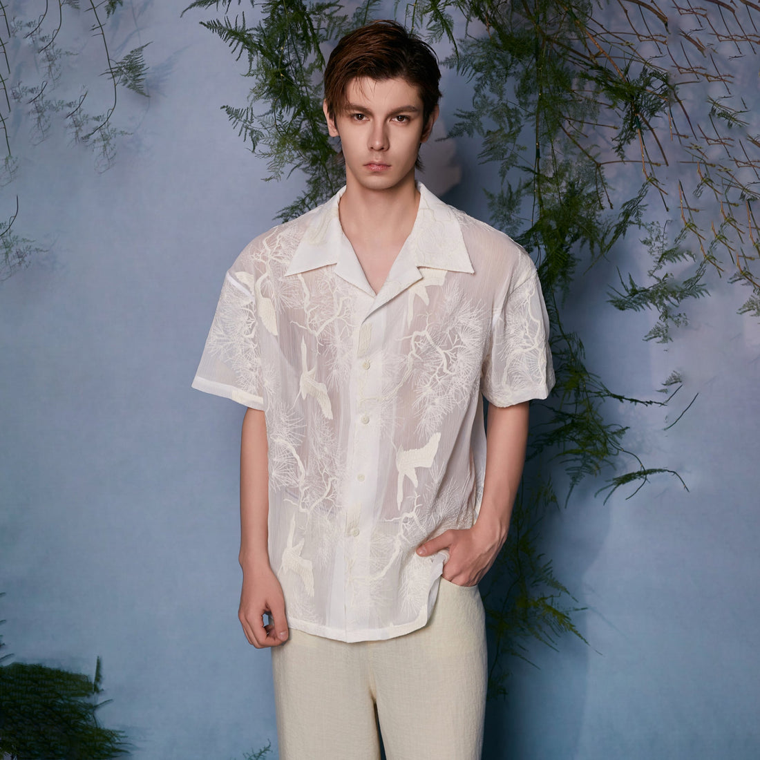 JIECHI Sheer Crane Embroidered Half Shirt-Half shirt-M (Preorder)-Free Shipping Leatheretro