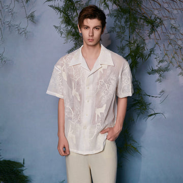 JIECHI Sheer Crane Embroidered Half Shirt-Half shirt-M (Preorder)-Free Shipping Leatheretro