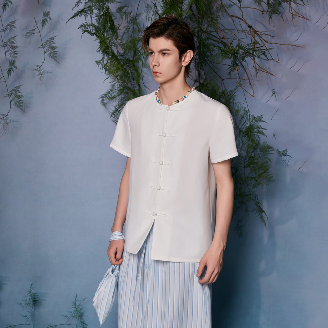JIECHI Minimal Frog Button Beaded Half Shirt-Half shirt-M (Preorder)-Free Shipping Leatheretro