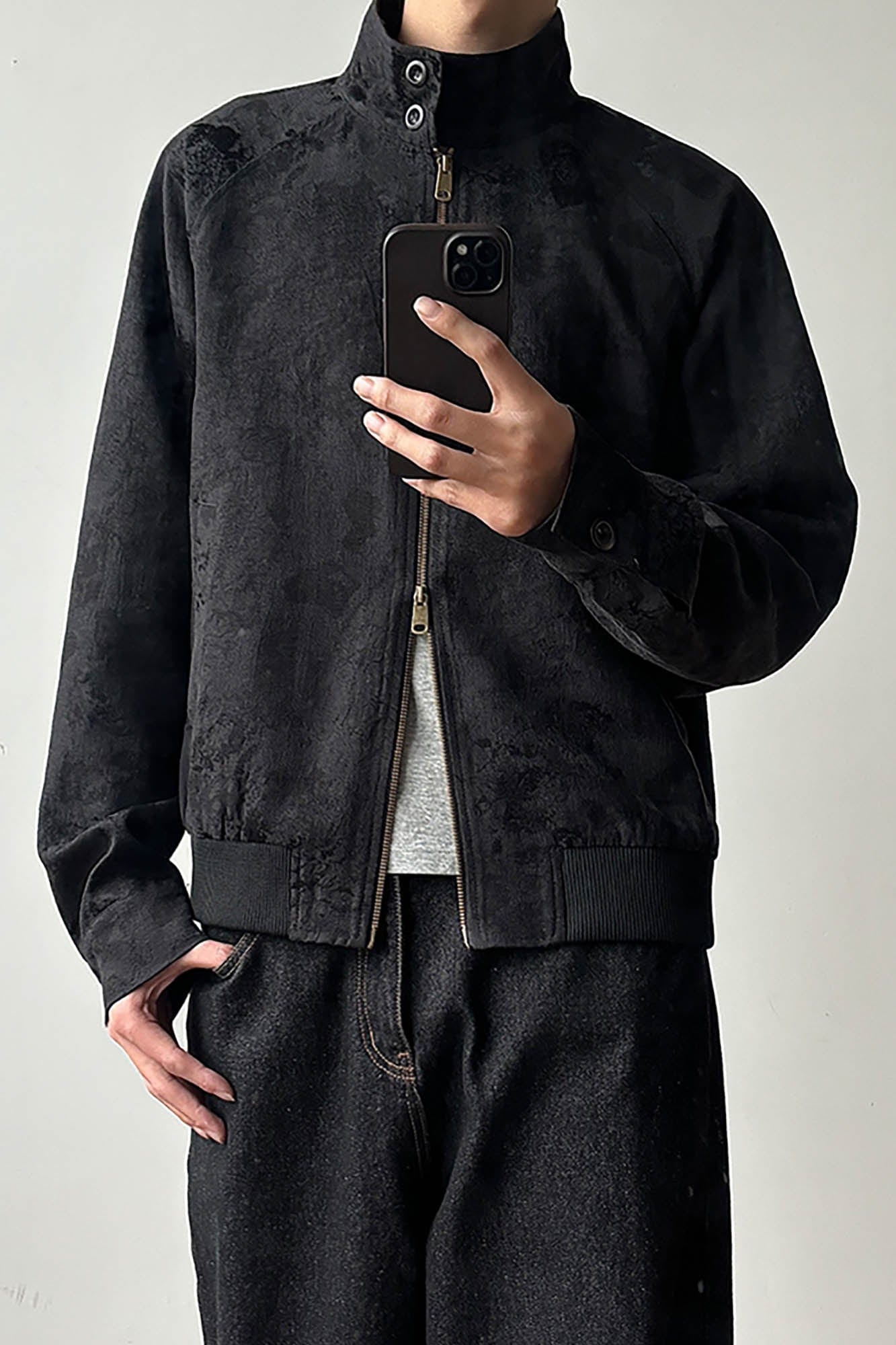 KREATE Jacquard Spider Lily Stand-Collar Wellington Jacket-Jacket-S-Black-Free Shipping Leatheretro