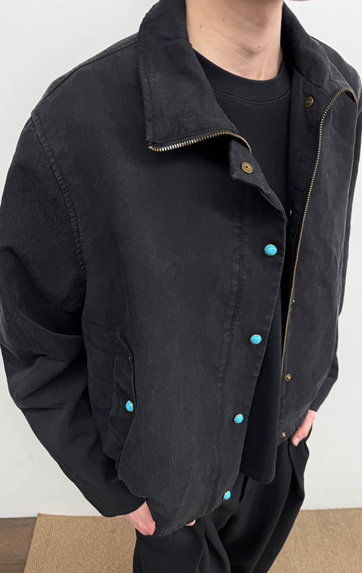 KREATE Gem Button Stand-Collar Wellington Jacket-Jacket-S-Black-Free Shipping Leatheretro