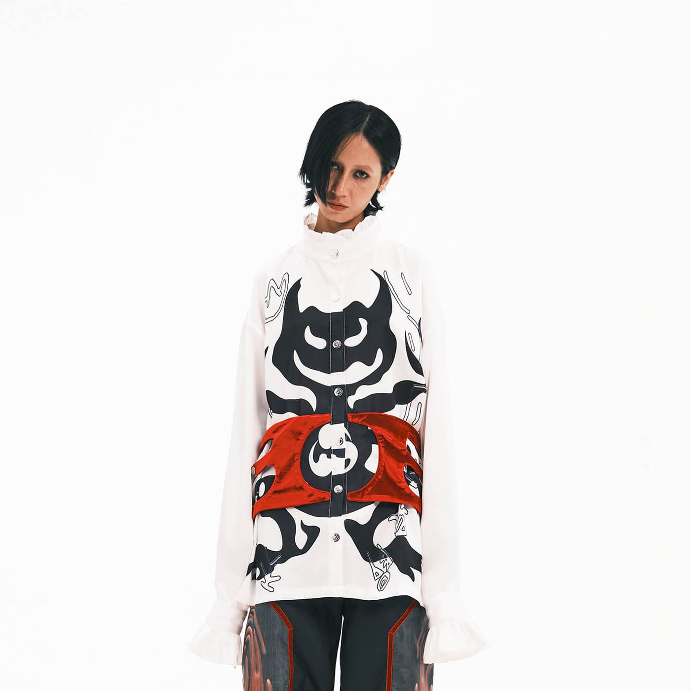 EMBRYO Demon Ruffle-Collar Buttoned LOGO Pleated Shirt-Shirt-One Size-Free Shipping Leatheretro