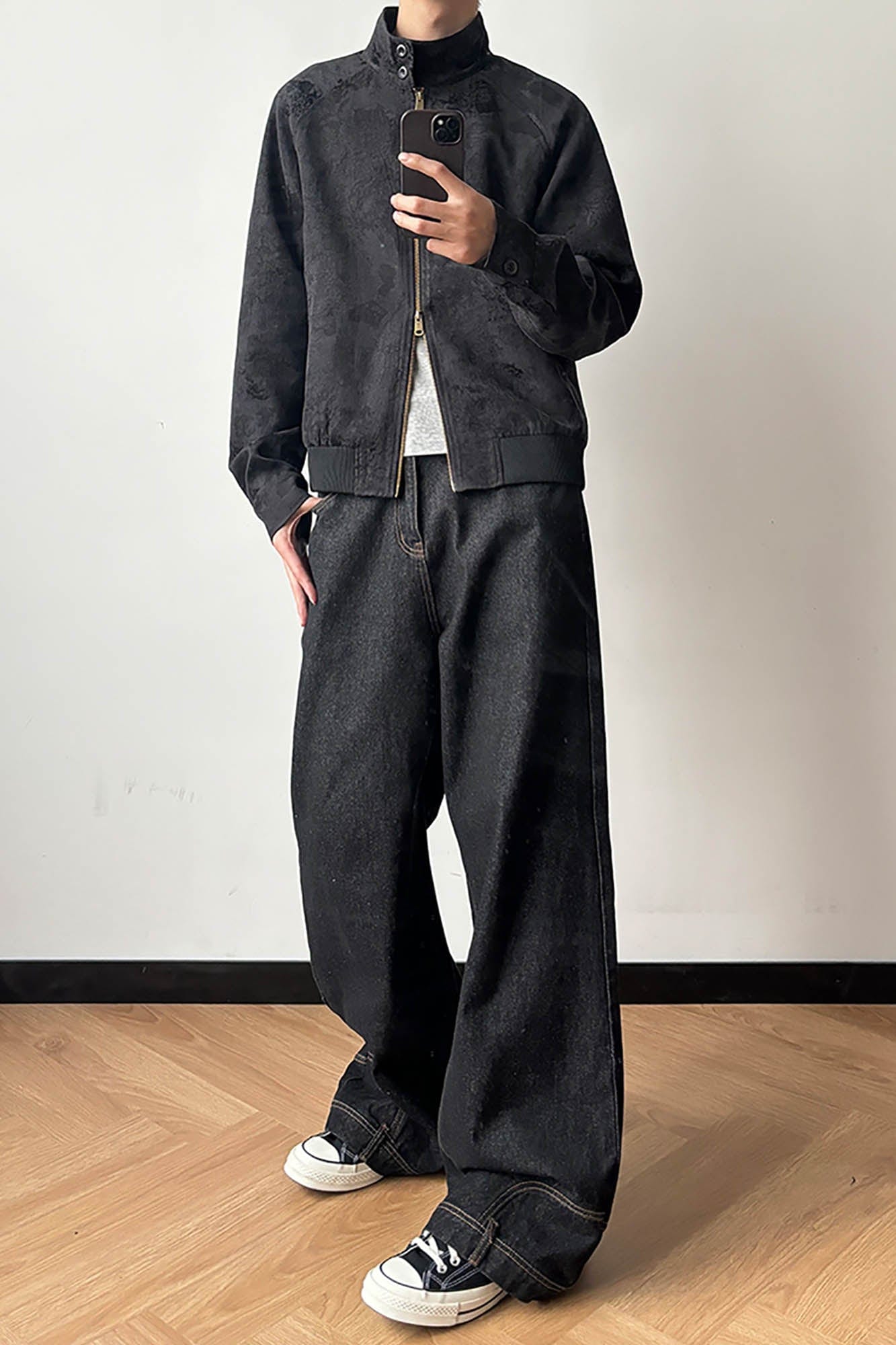 KREATE Jacquard Spider Lily Stand-Collar Wellington Jacket-Jacket-S-Black-Free Shipping Leatheretro