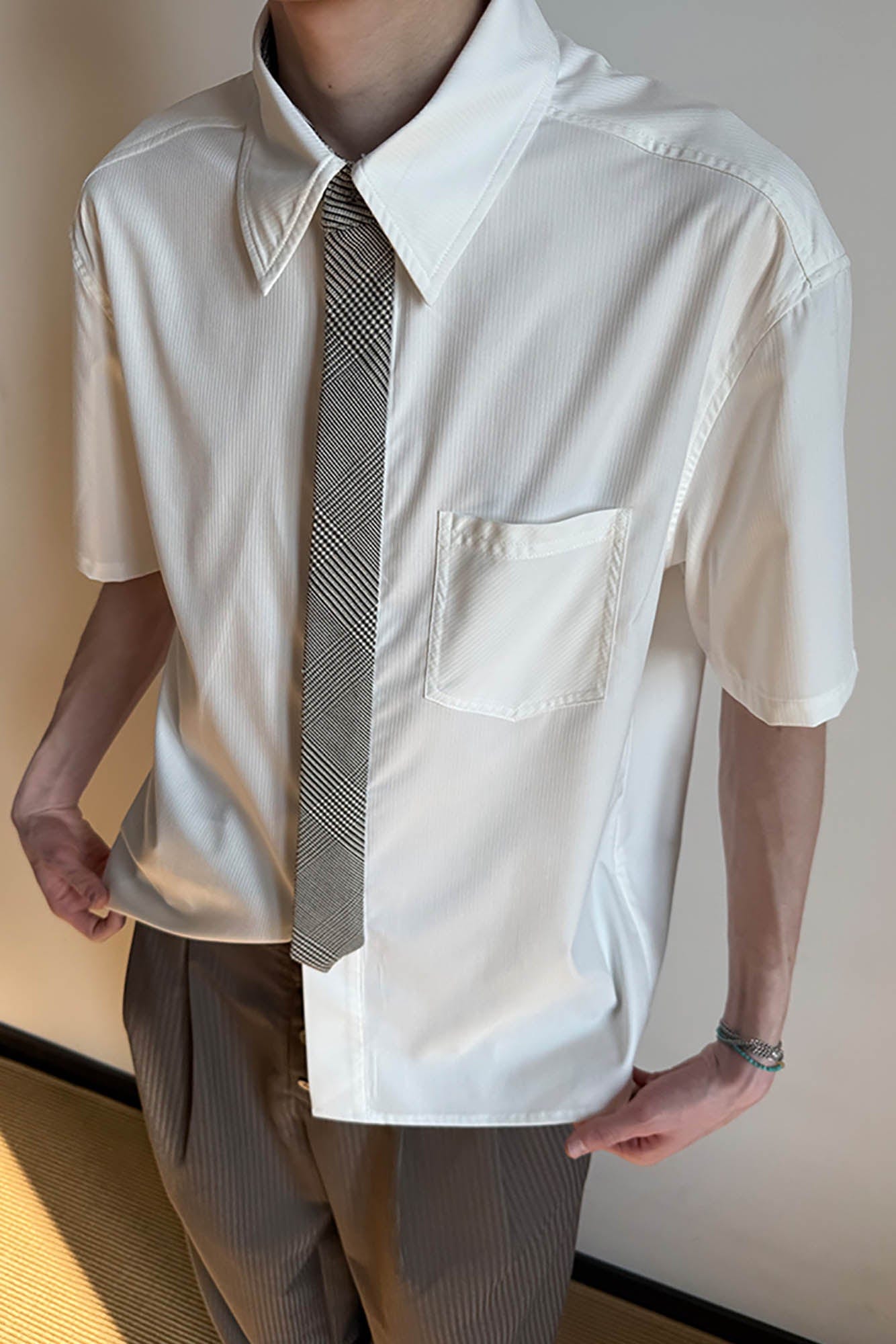 KREATE Preppy Half-Sleeve Shirt with Tie-Shirt-S-Blue-Free Shipping Leatheretro