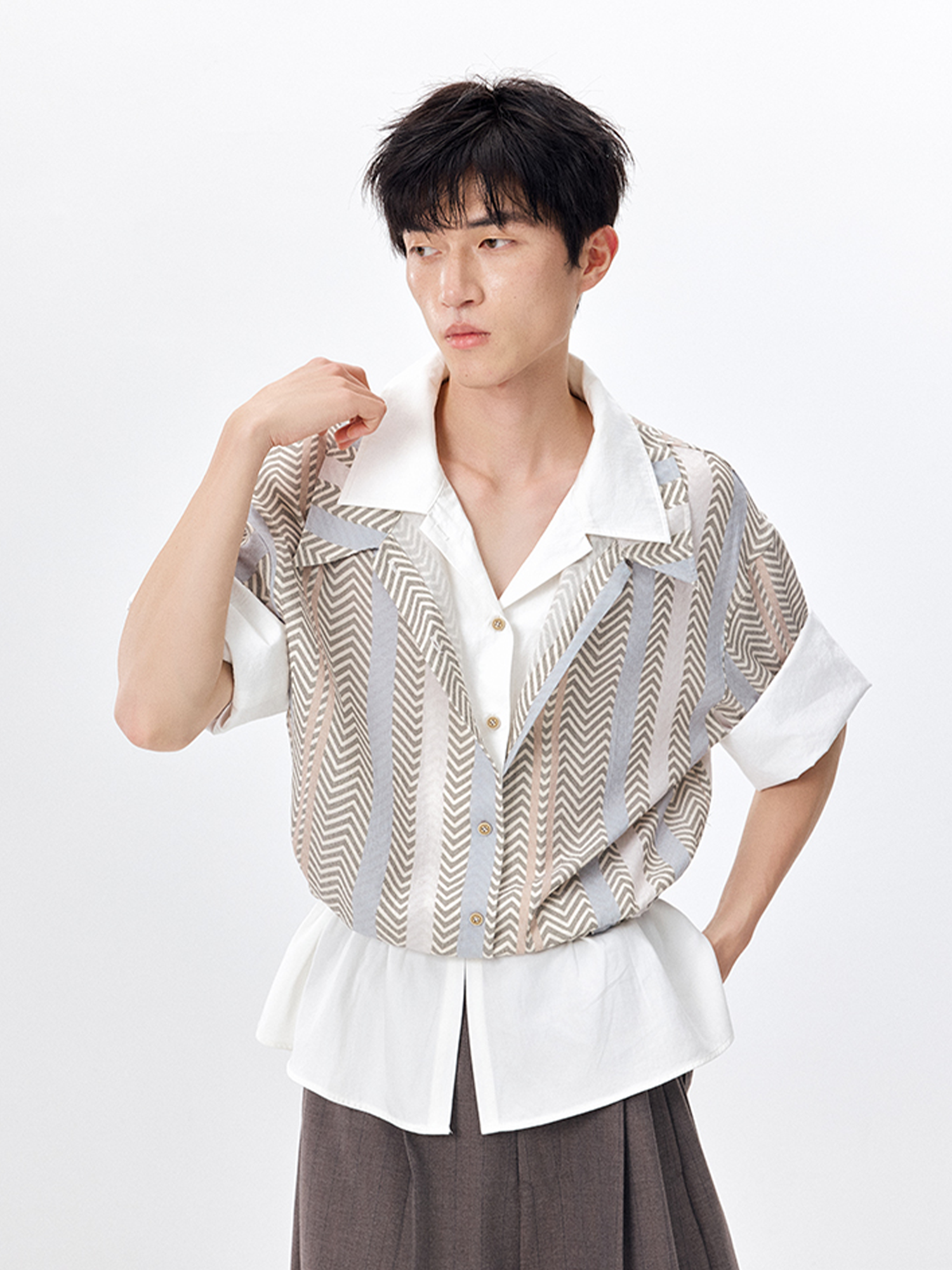 TUIMU Layered Camp Collar Striped Shirt-Half shirt-S (Preorder)-Free Shipping Leatheretro