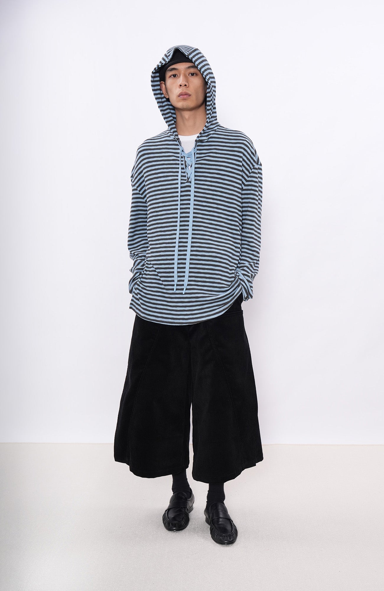 7440 37 1 Striped Lace-Up Hoodie Tee-L/S Tee-S (Preorder)-Free Shipping Leatheretro