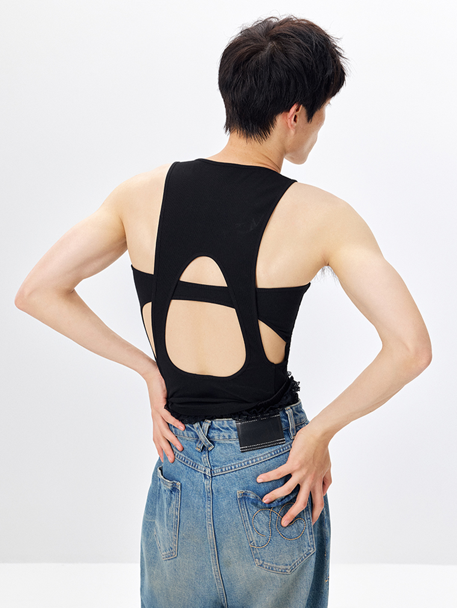 TUIMU Back Cut-Out Ribbed Tank Top Black-Tank Top-One Size-Free Shipping Leatheretro