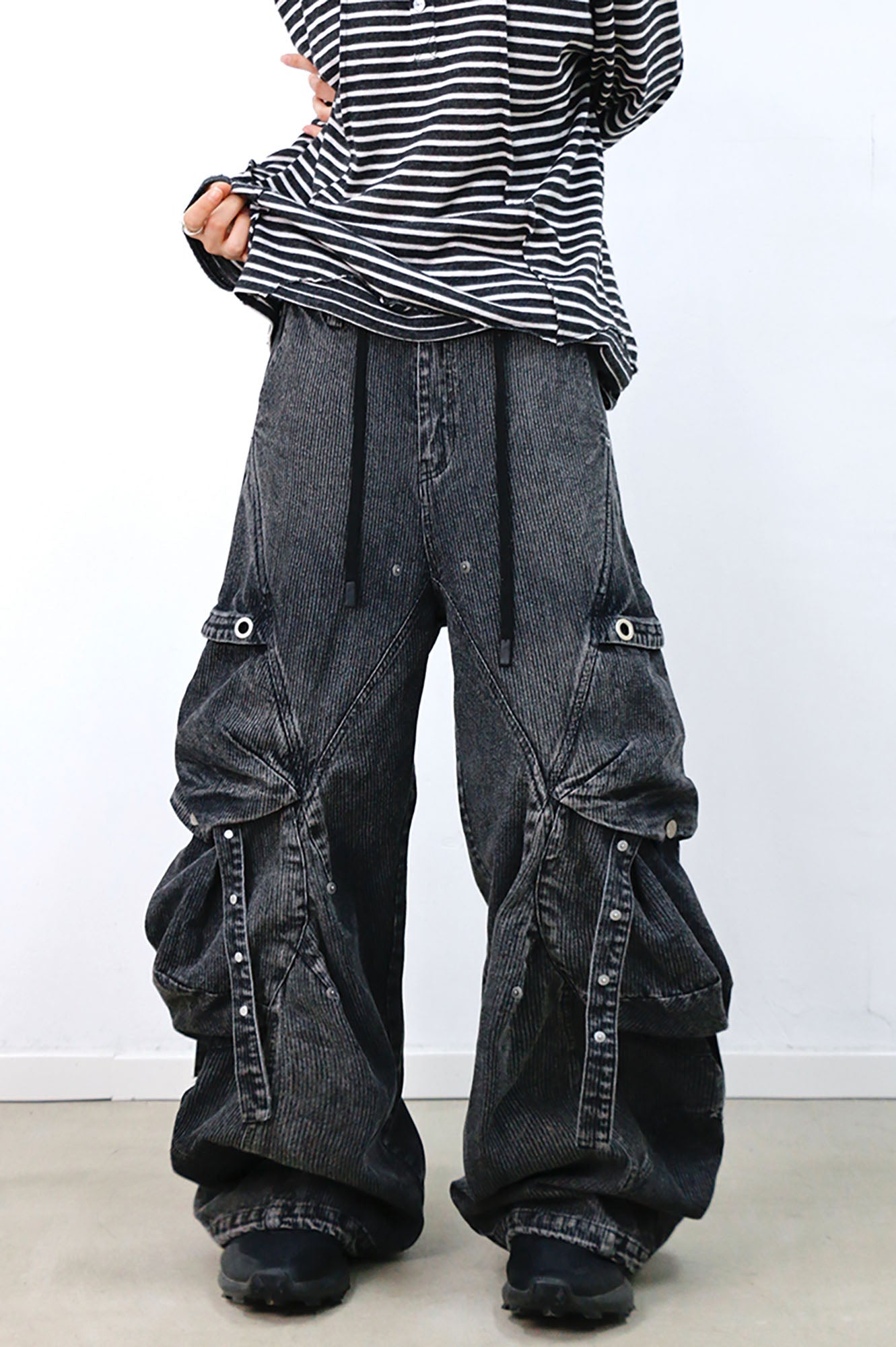 RELABEL Washed Paneled Strap Oversized Cargo Jeans Black-Jeans-XS-Free Shipping Leatheretro