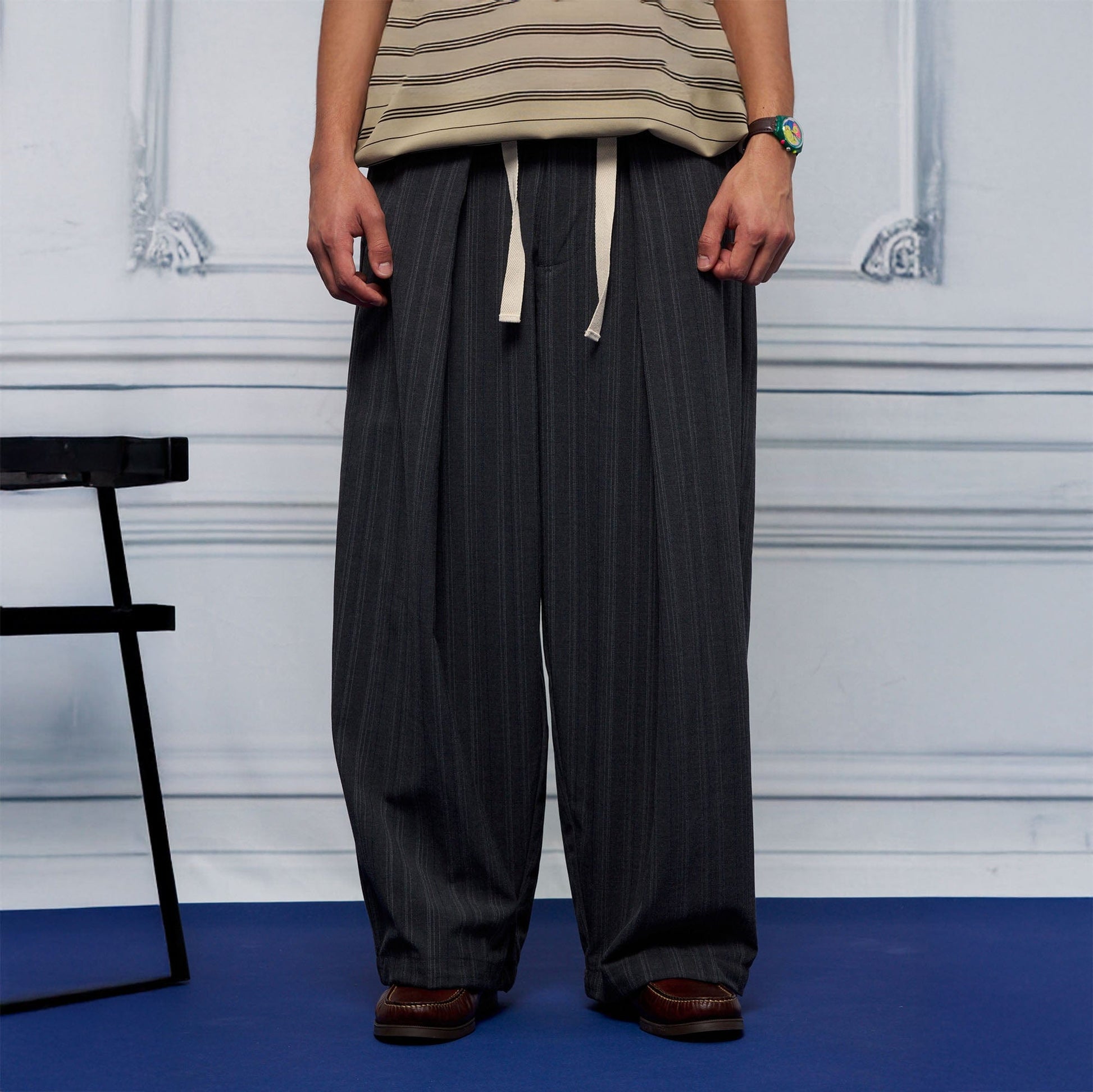 UNLIMITED MOTE Pleated Drawstring Wide-Leg Pants-Pants-S-Check-Free Shipping Leatheretro