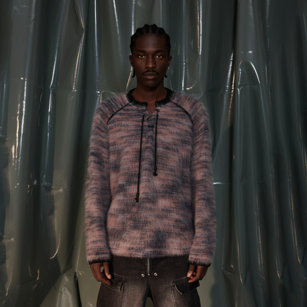 RECOVER ZONE Striped Mohair Drawstring Sweater-Sweater-S-Free Shipping Leatheretro