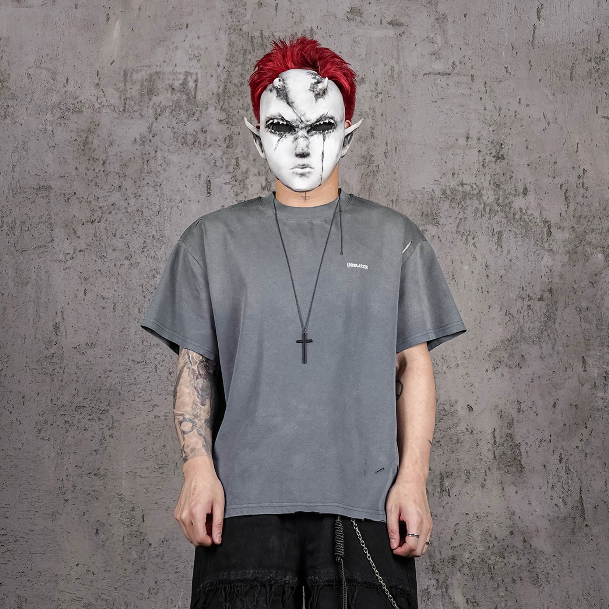 UNDERWATER Washed Ripped Gradient T-Shirt Blue-T Shirt-S-Free Shipping Leatheretro