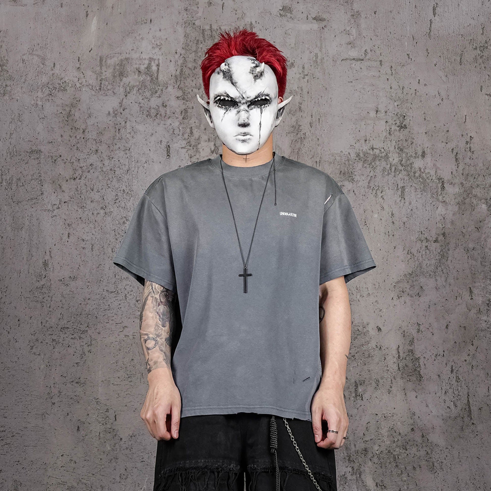 UNDERWATER Washed Ripped Gradient T-Shirt Blue-T Shirt-S-Free Shipping Leatheretro