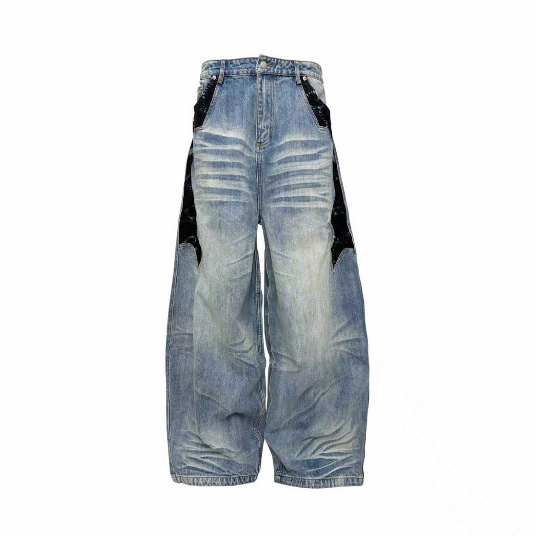 PCCVISION Lace Spliced Washed Wide-Leg Jeans-Jeans-S-Black-Free Shipping Leatheretro