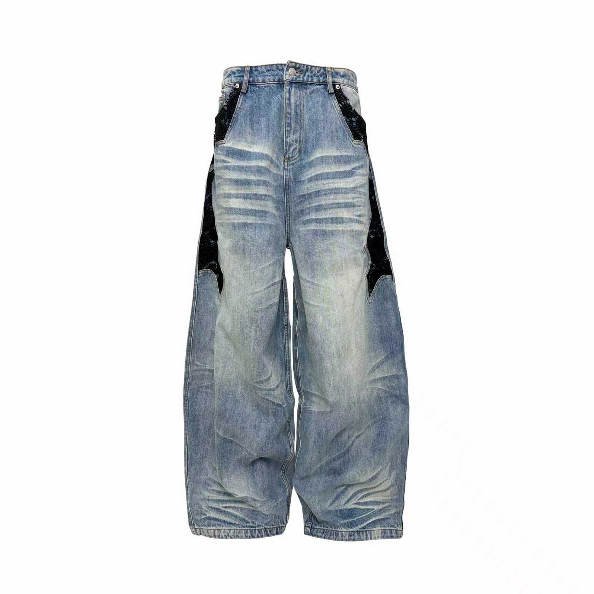 PCCVISION Lace Spliced Washed Wide-Leg Jeans-Jeans-S-Blue-Free Shipping Leatheretro