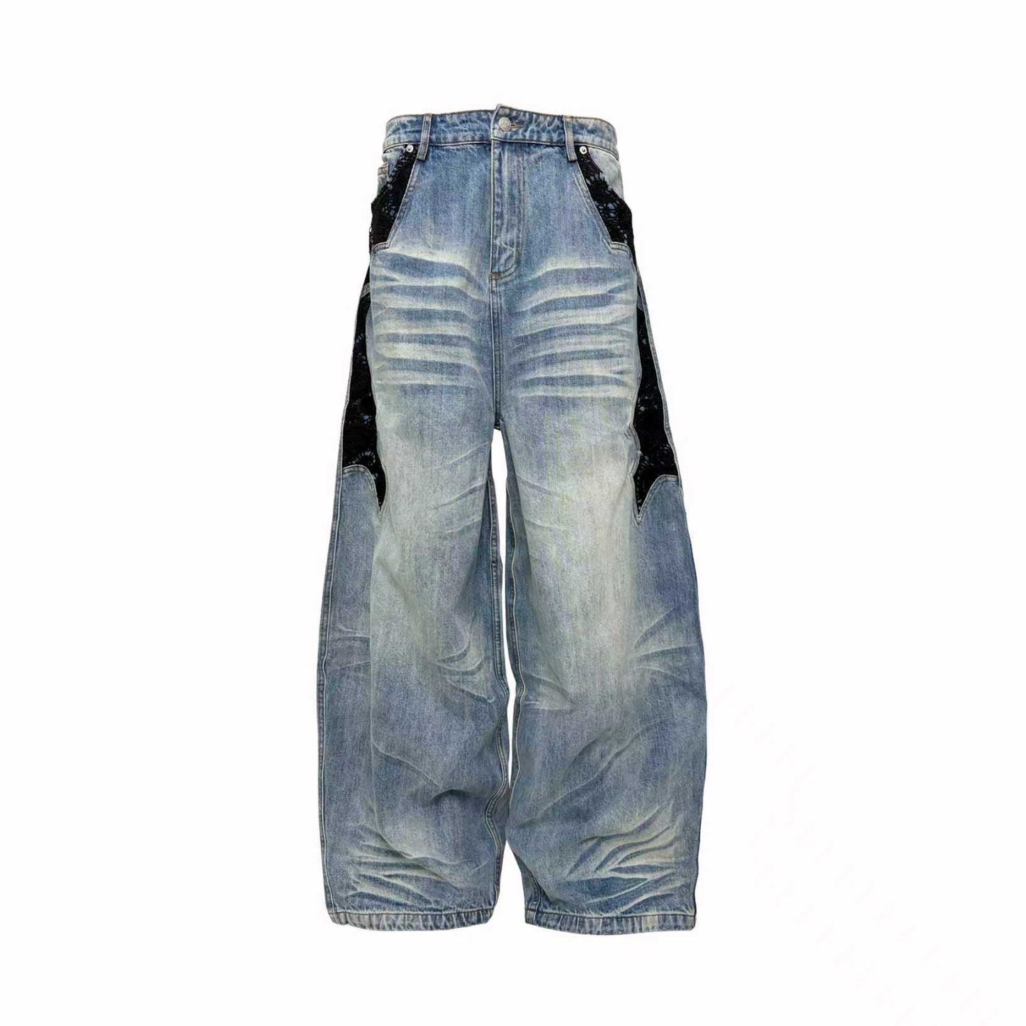 PCCVISION Lace Spliced Washed Wide-Leg Jeans-Jeans-S-Blue-Free Shipping Leatheretro