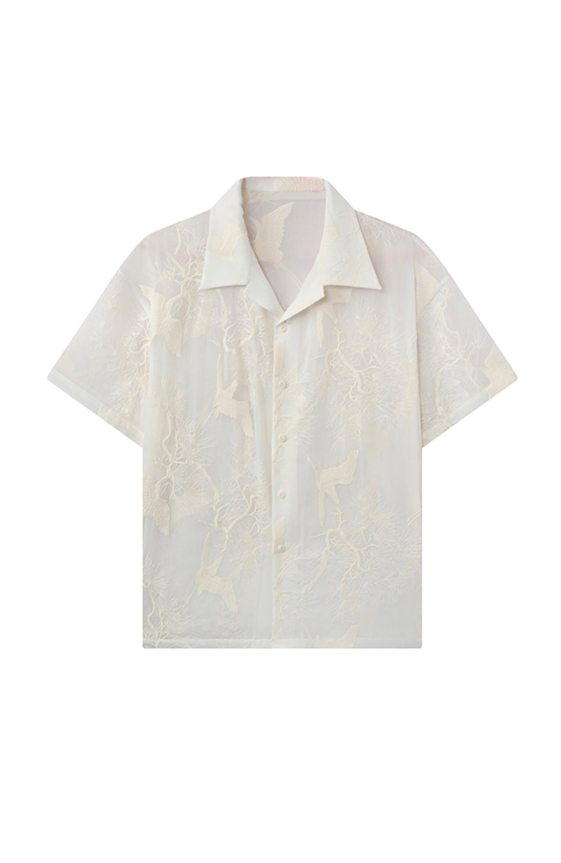 JIECHI Sheer Crane Embroidered Half Shirt-Half shirt-M (Preorder)-Free Shipping Leatheretro