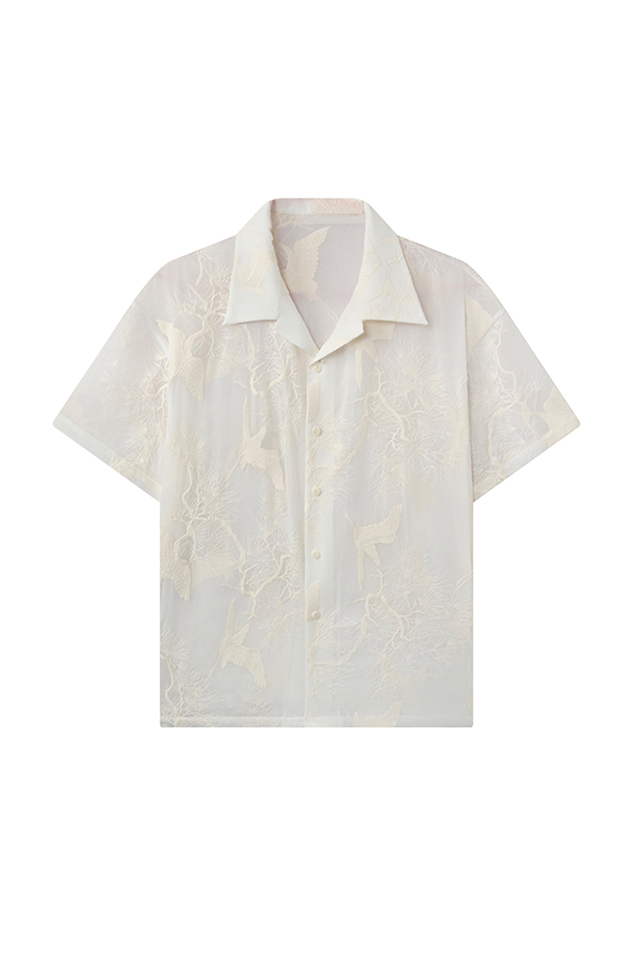 JIECHI Sheer Crane Embroidered Half Shirt-Half shirt-M (Preorder)-Free Shipping Leatheretro