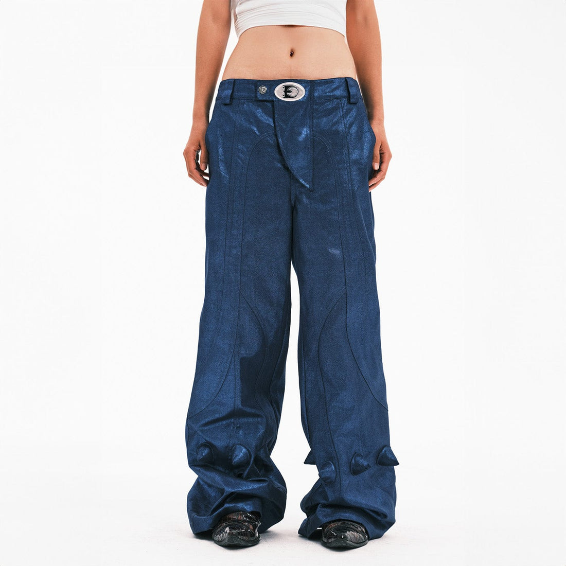 EMBRYO Metallic Devil Horned Wide-Leg Paneled Pants Blue-Pants-S-Free Shipping Leatheretro