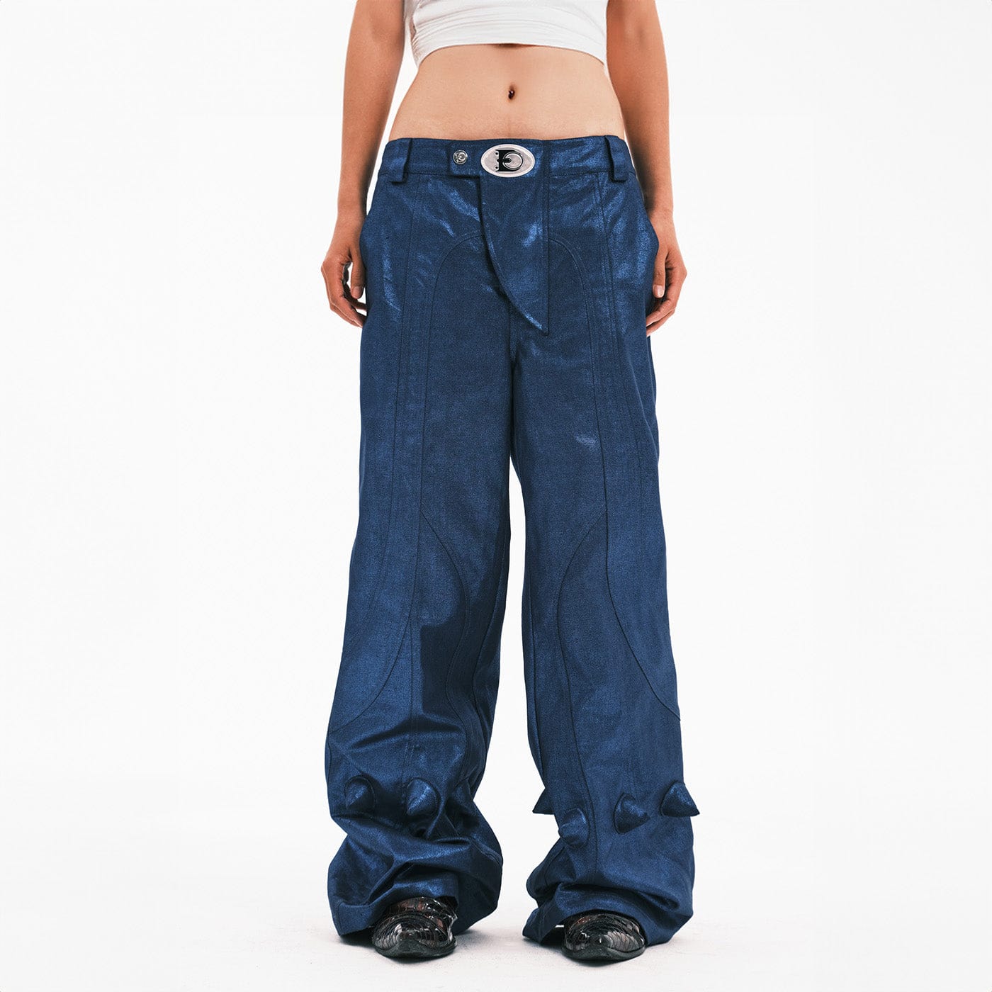 EMBRYO Metallic Devil Horned Wide-Leg Paneled Pants Blue-Pants-S-Free Shipping Leatheretro