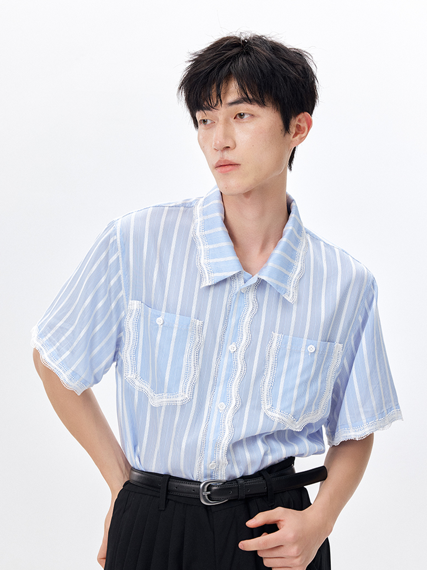 TUIMU Lace-Trim Striped Shirt-Half shirt-S-Free Shipping Leatheretro