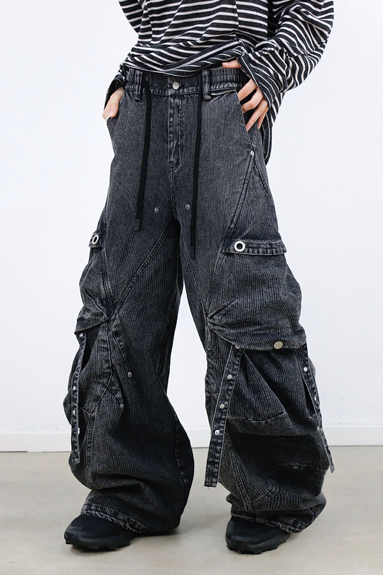 RELABEL Washed Paneled Strap Oversized Cargo Jeans Black-Jeans-XS-Free Shipping Leatheretro