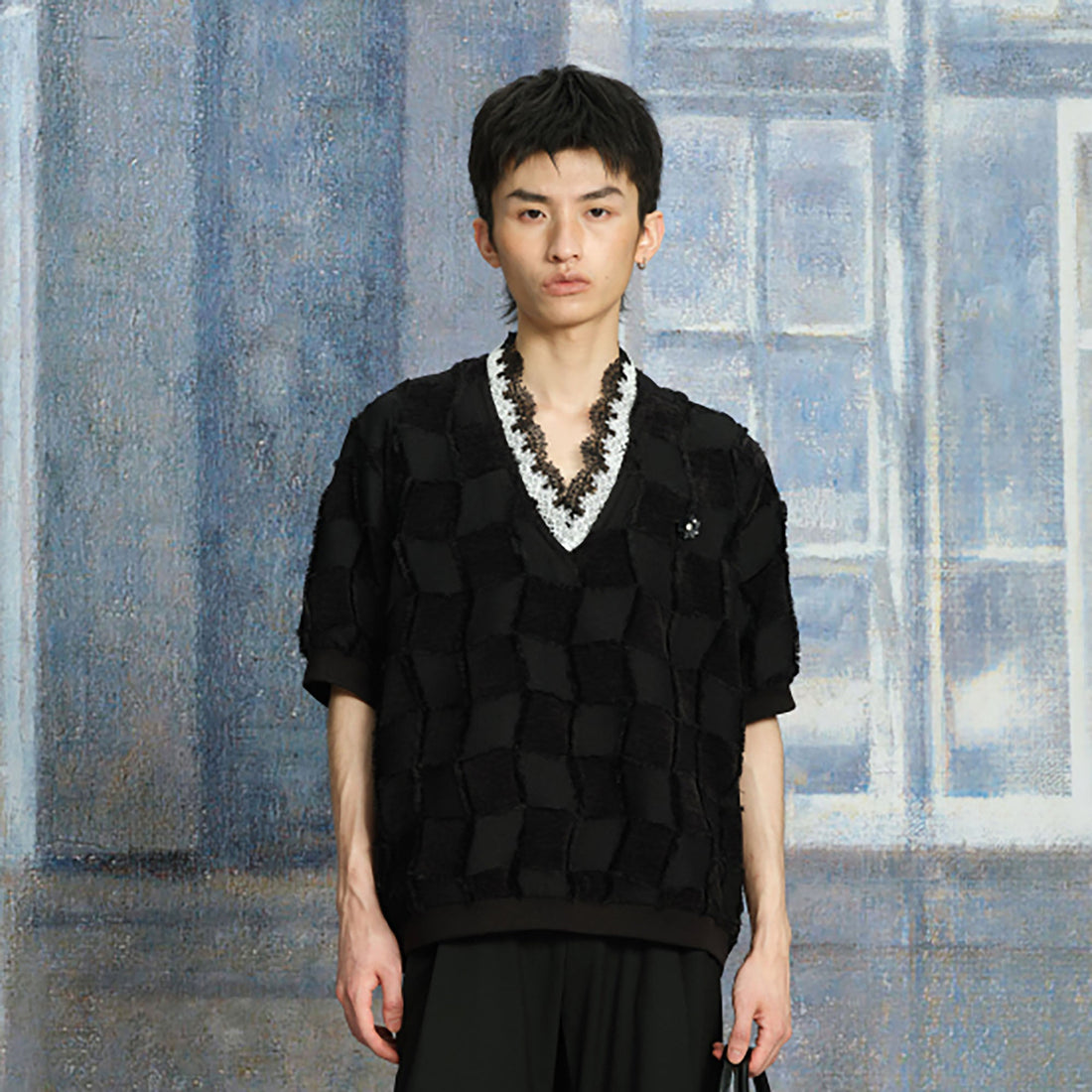 TUIMU Lace-Trim V-Neck Check T-Shirt-T Shirt-S-Free Shipping Leatheretro