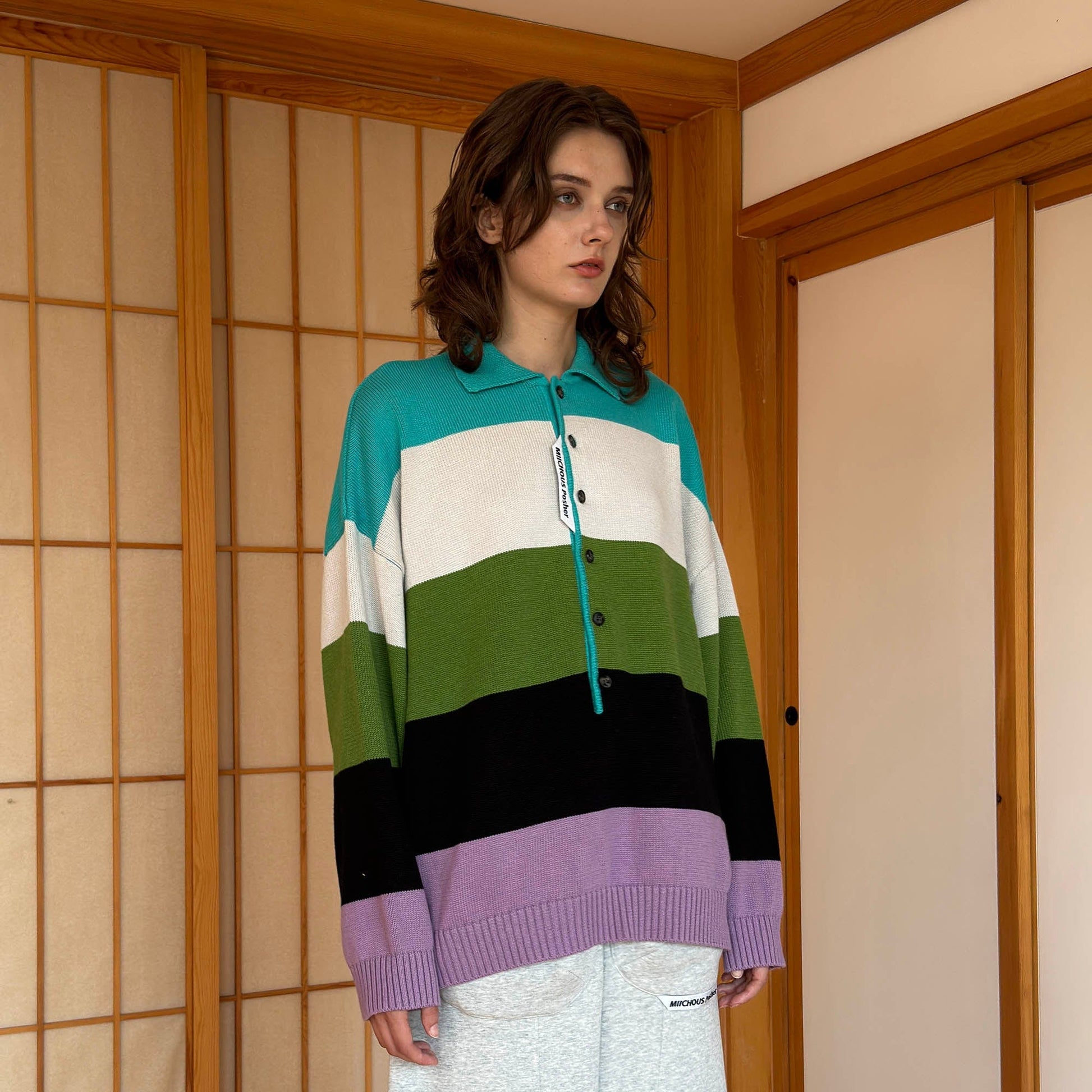 MIICHOUS Nature Magazine Wide-Stripe Polo Sweater-Sweater-S-Green-Free Shipping Leatheretro