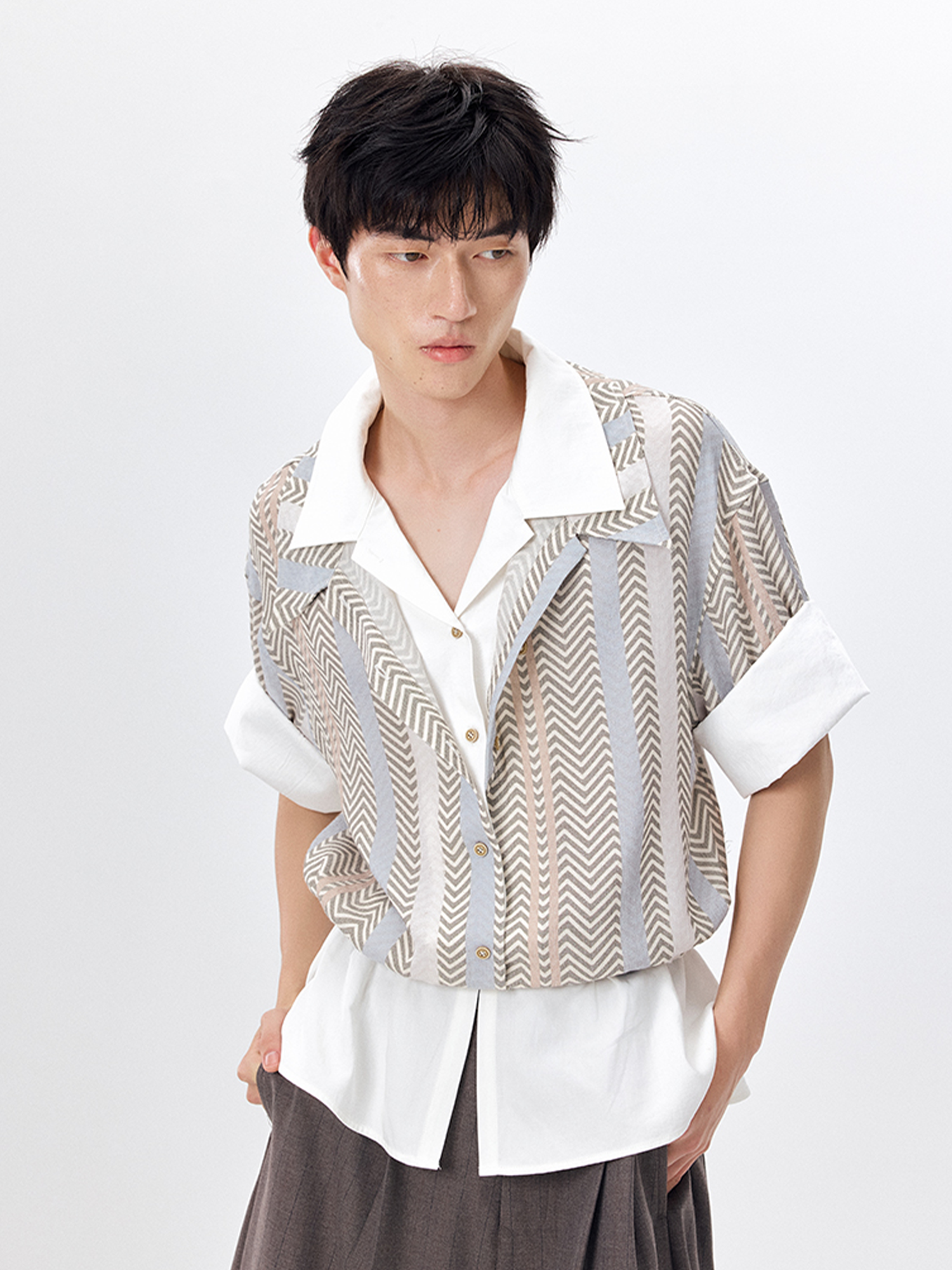 TUIMU Layered Camp Collar Striped Shirt-Half shirt-S (Preorder)-Free Shipping Leatheretro