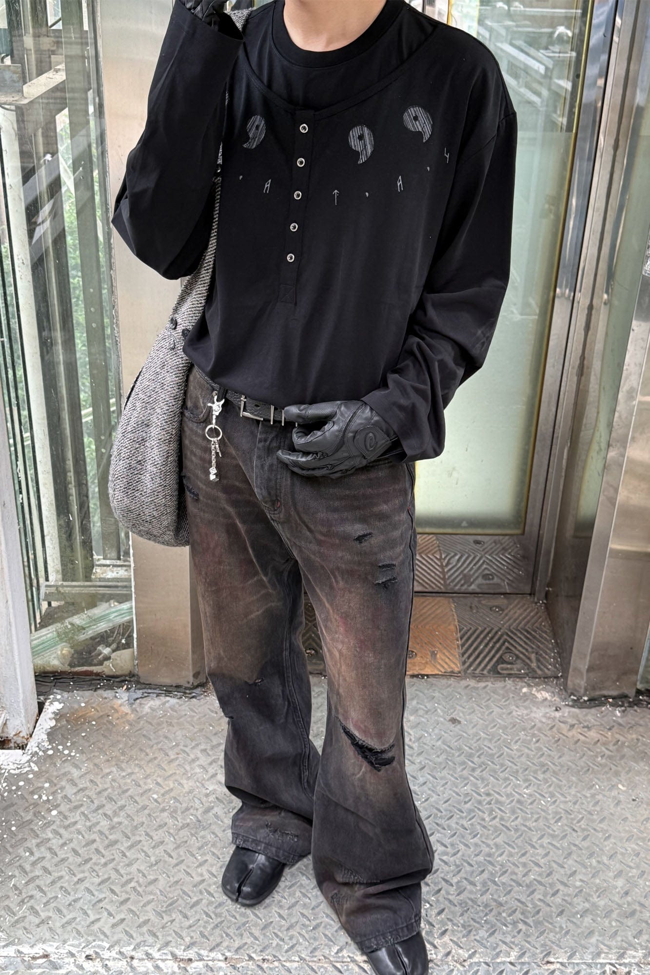 ESAIAS Graphic Faux Layer Henley Long-Sleeve Tee-L/S Tee-S (Preorder)-Free Shipping Leatheretro