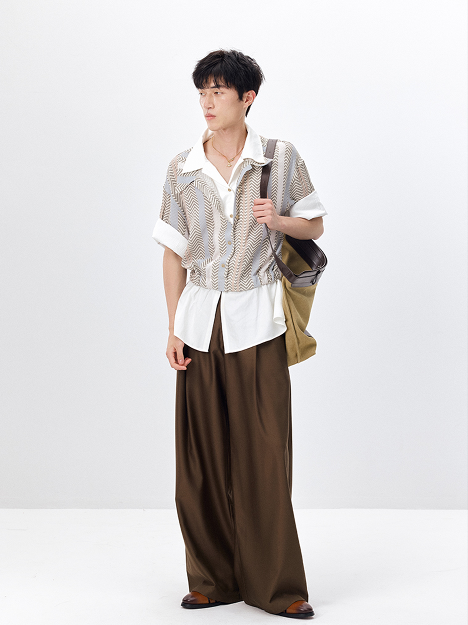 TUIMU Layered Camp Collar Striped Shirt-Half shirt-S (Preorder)-Free Shipping Leatheretro