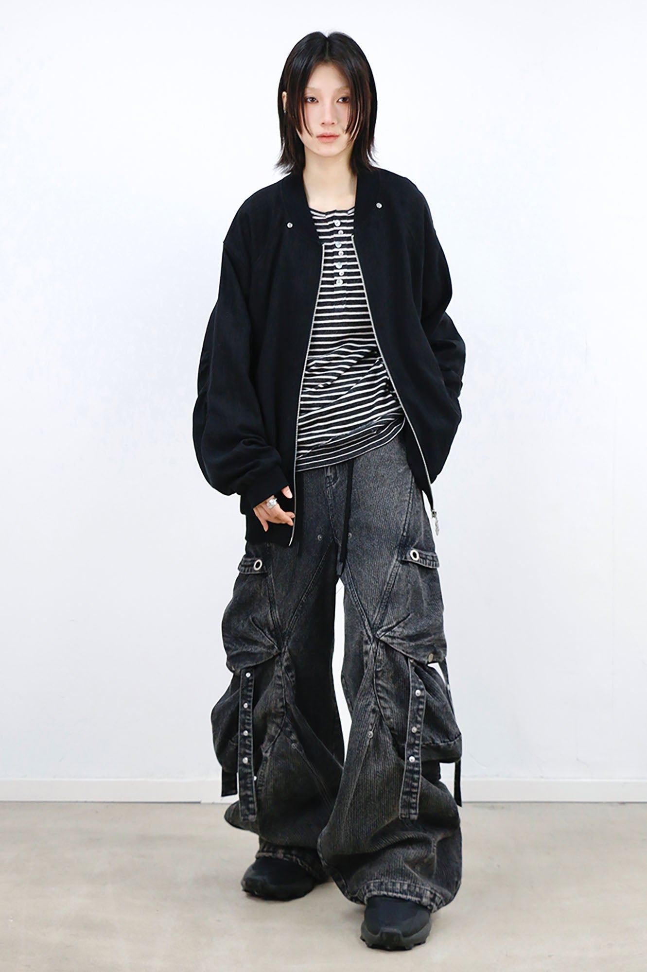 RELABEL Washed Paneled Strap Oversized Cargo Jeans Black-Jeans-XS-Free Shipping Leatheretro