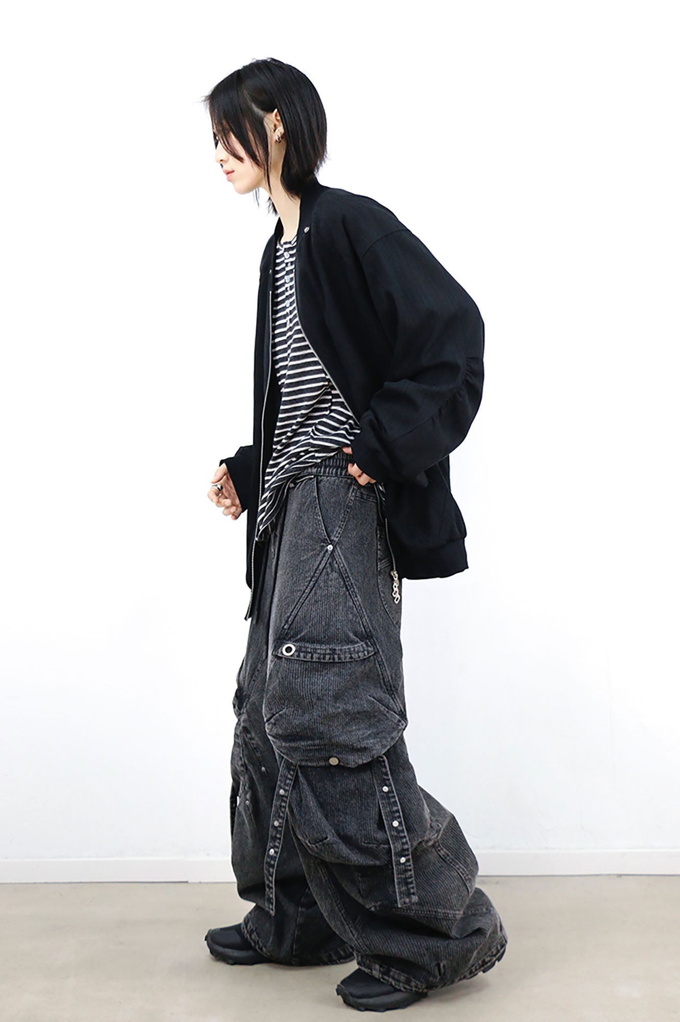 RELABEL Washed Paneled Strap Oversized Cargo Jeans Black-Jeans-XS-Free Shipping Leatheretro