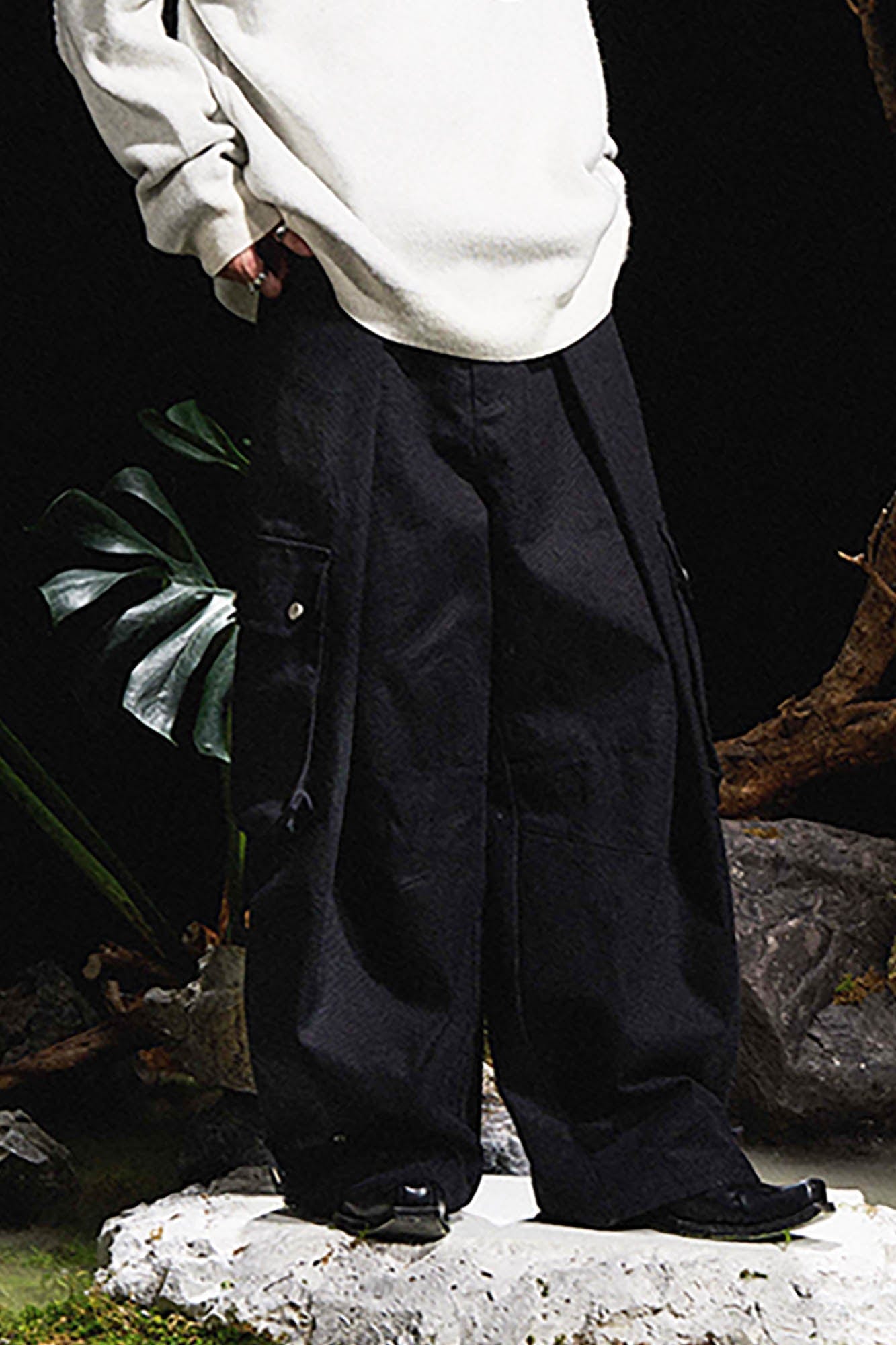 RELABEL Detachable Scarf Pleated Waxed Wide-Leg Cargo-Pants-XS-Yellow-Free Shipping Leatheretro