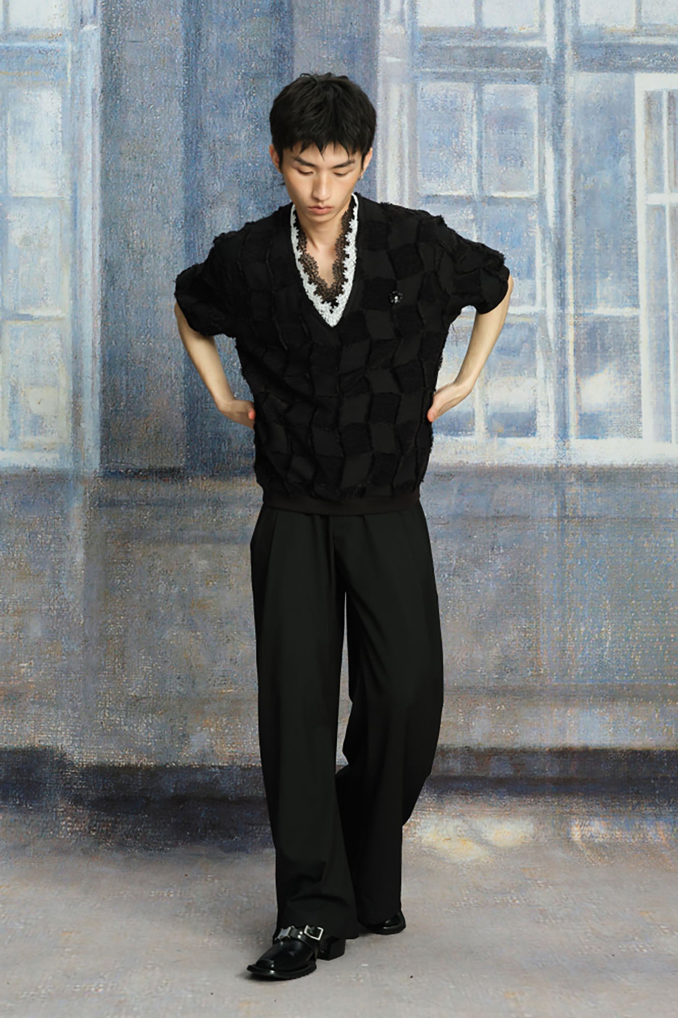 TUIMU Lace-Trim V-Neck Check T-Shirt-T Shirt-S-Free Shipping Leatheretro