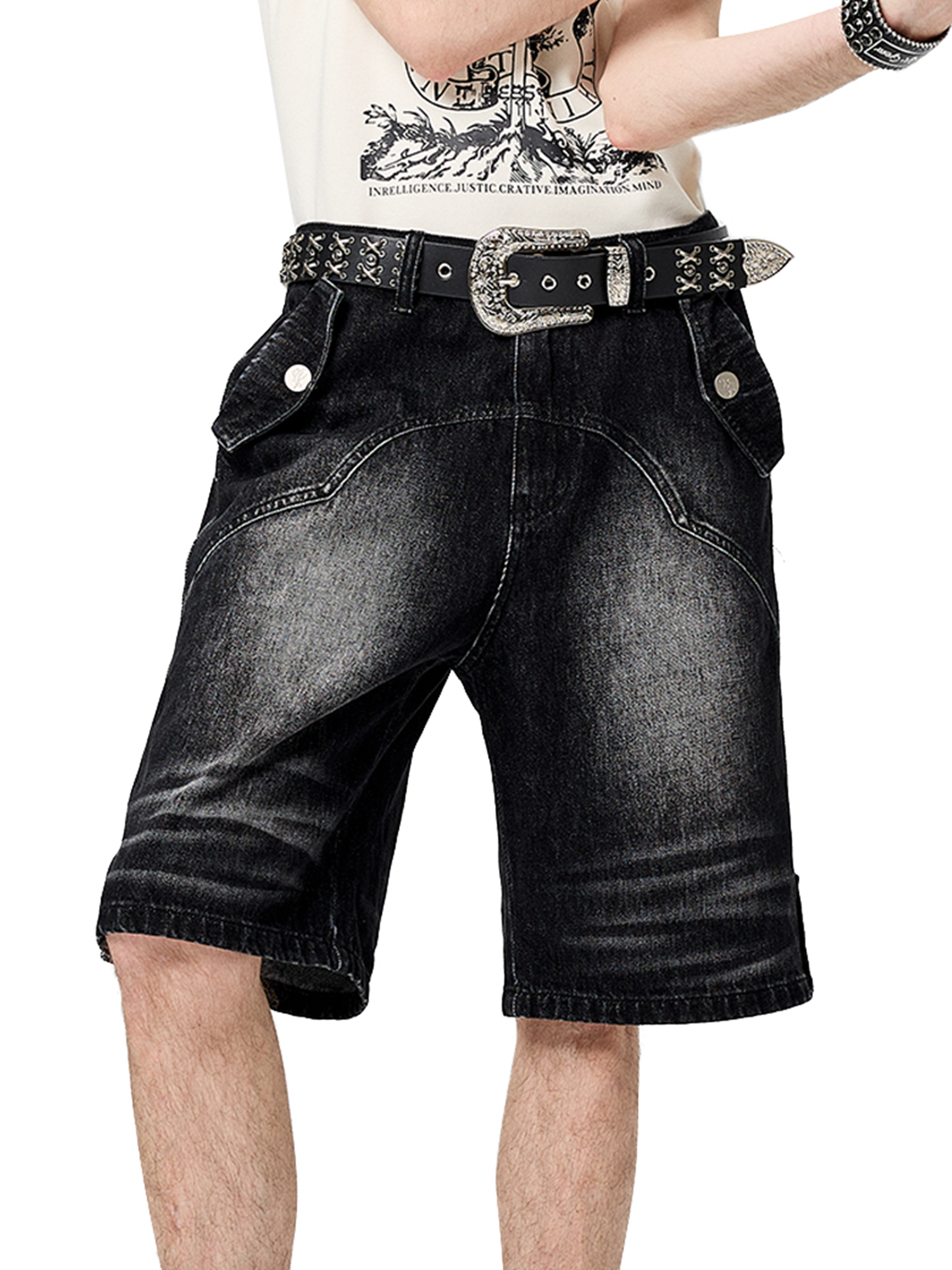 CYCYCY Retro Washed Paneled Denim Shorts-Shorts-XS / 28“-Free Shipping Leatheretro