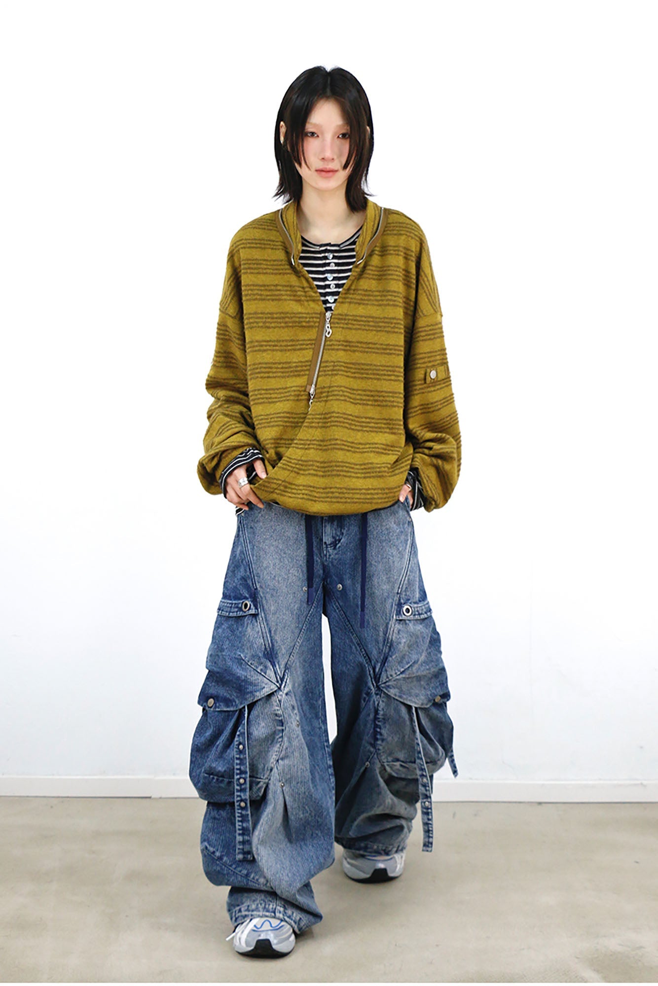 RELABEL Washed Paneled Strap Oversized Cargo Jeans Blue-Jeans-XS-Free Shipping Leatheretro