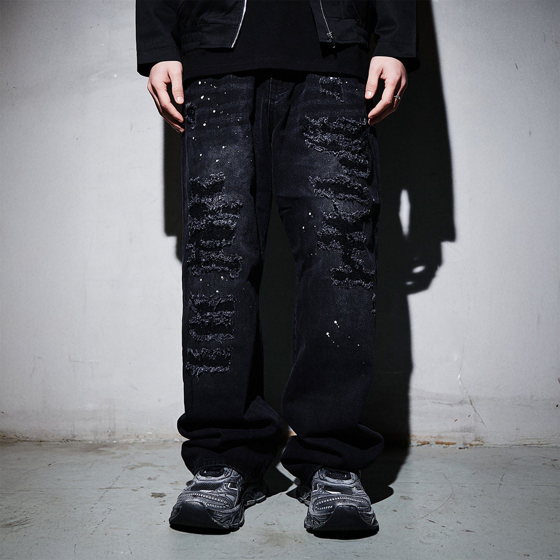 BLACK8MOB Ripped Splatter Straight-Leg Jeans-Jeans-S-Black-Free Shipping Leatheretro
