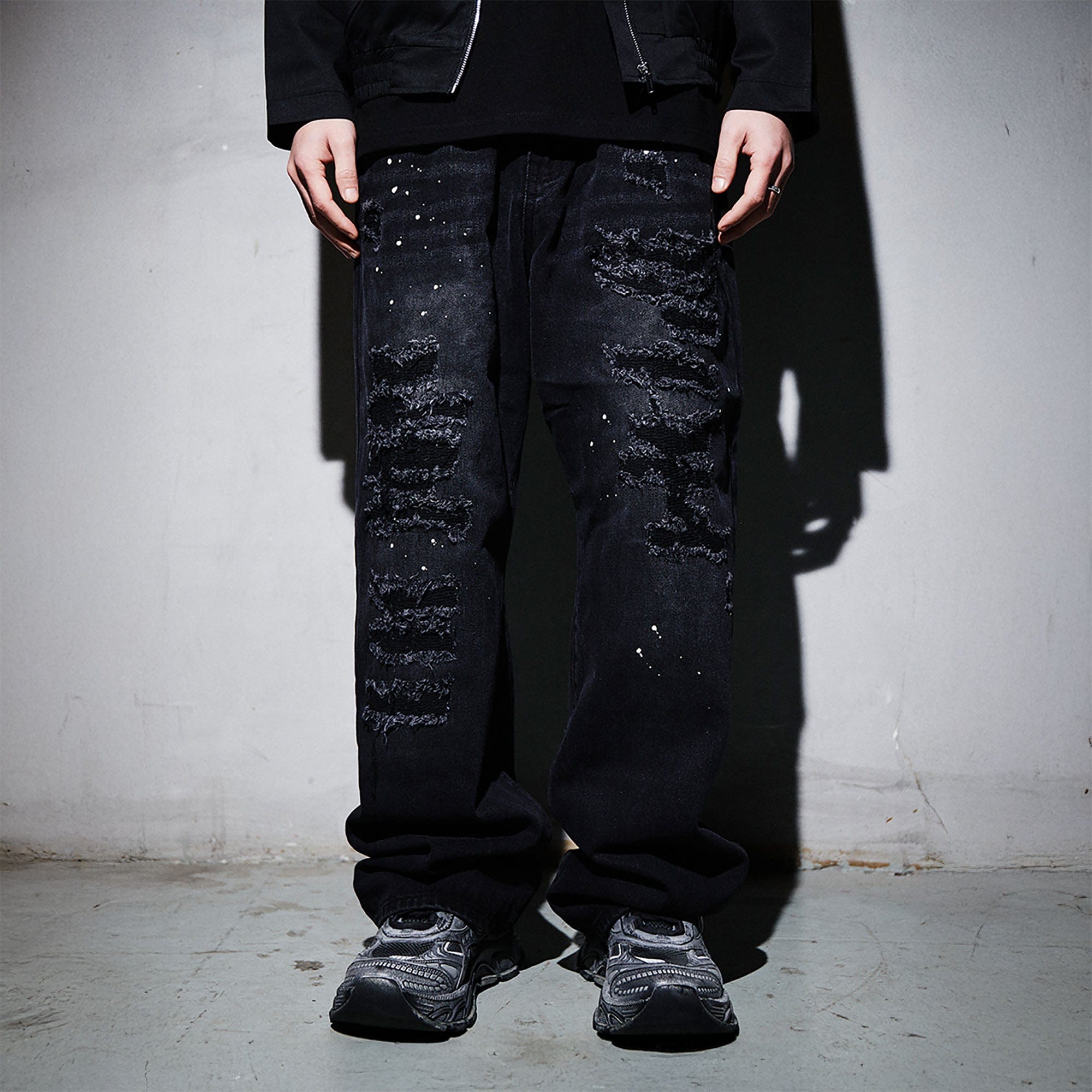 BLACK8MOB Ripped Splatter Straight-Leg Jeans-Jeans-S-Black-Free Shipping Leatheretro