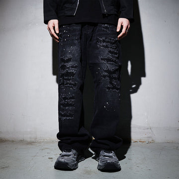 BLACK8MOB Ripped Splatter Straight-Leg Jeans-Jeans-S-Black-Free Shipping Leatheretro