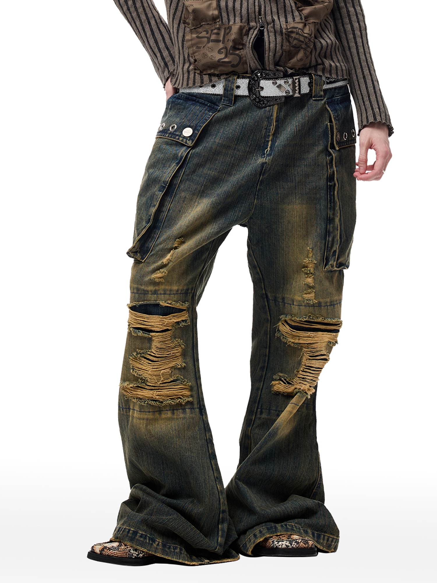 CYCYCY Distressed Big-Pocket Flared Jeans-Jeans-XXS / 27"-Free Shipping Leatheretro
