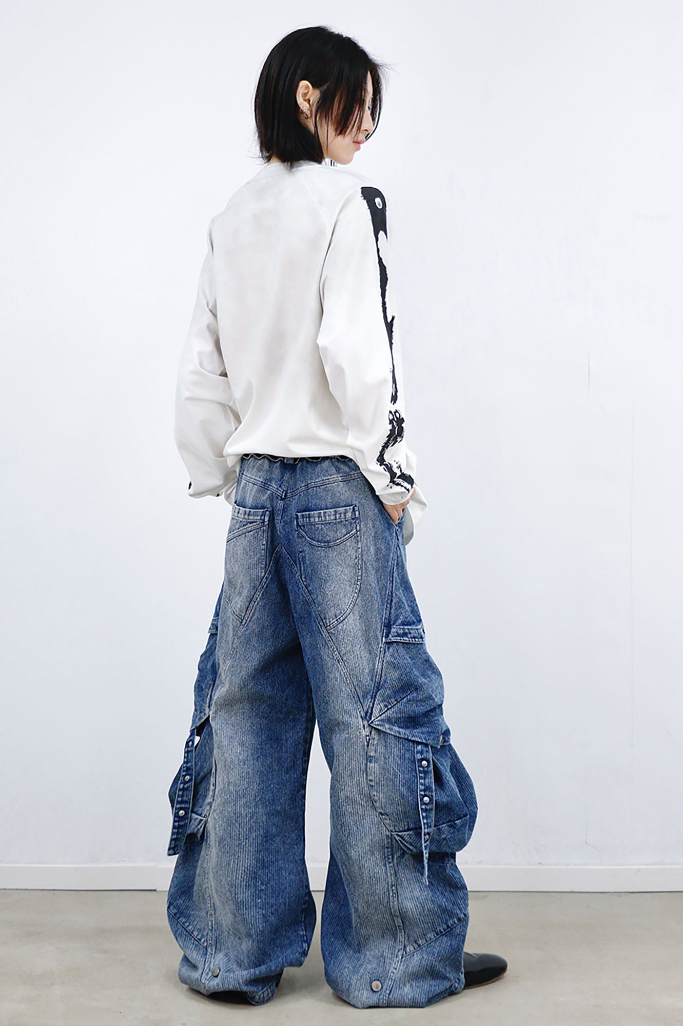 RELABEL Washed Paneled Strap Oversized Cargo Jeans Blue-Jeans-XS-Free Shipping Leatheretro