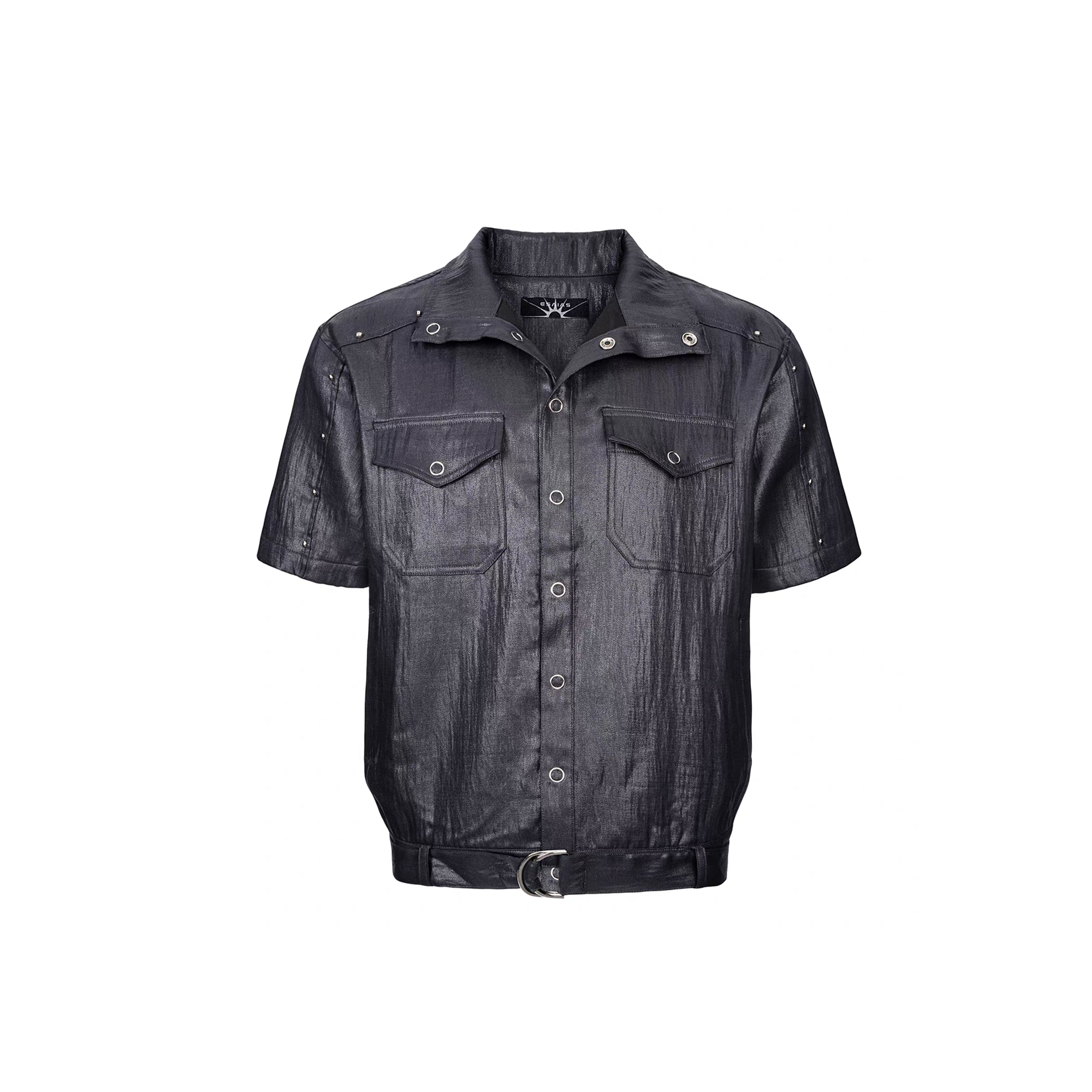 ESAIAS Studded Waxed Linen Belted Half Shirt-Half shirt-S-Free Shipping Leatheretro