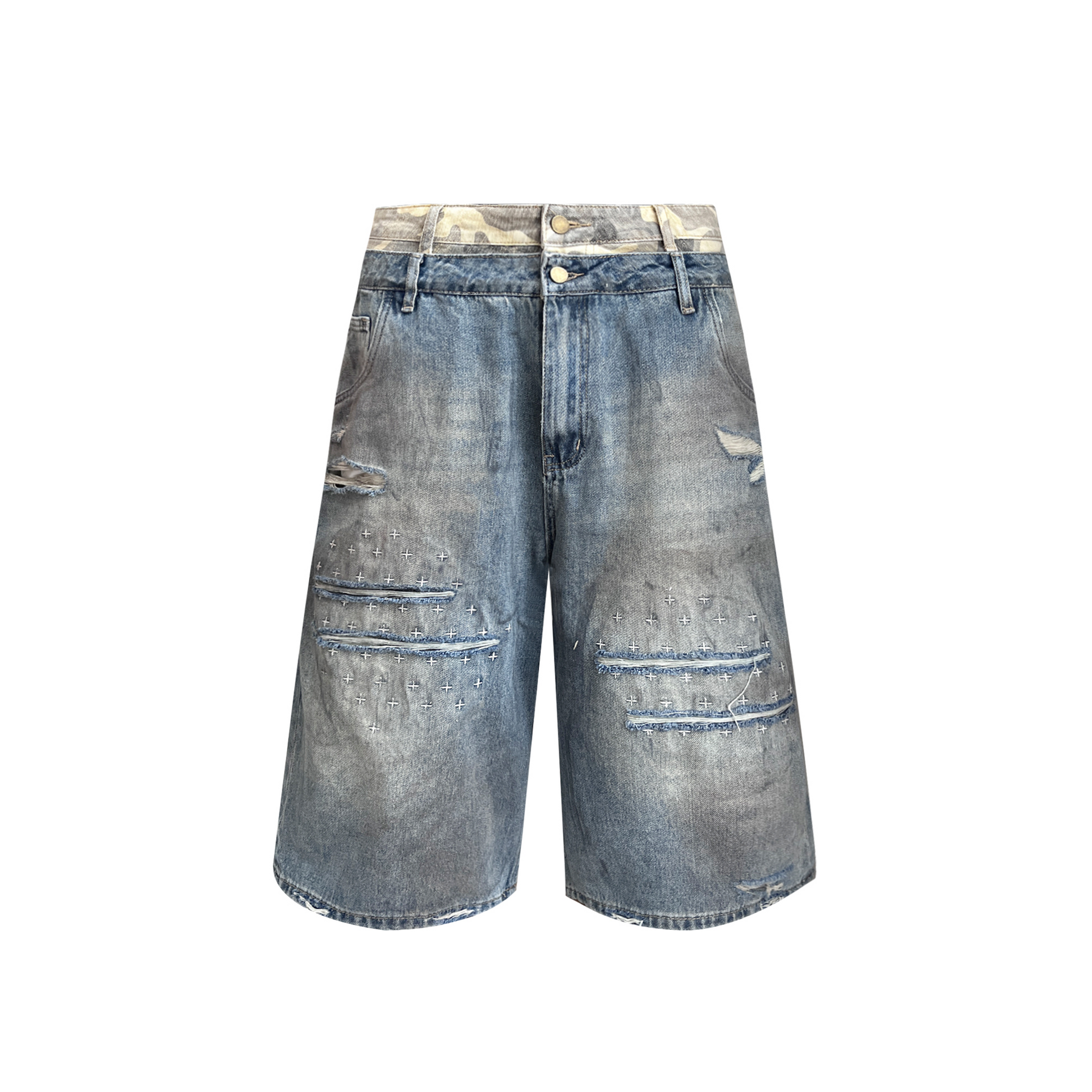 TH4SWE Double-Waist Cross Embroidered Distressed Shorts-Shorts-S-Free Shipping Leatheretro