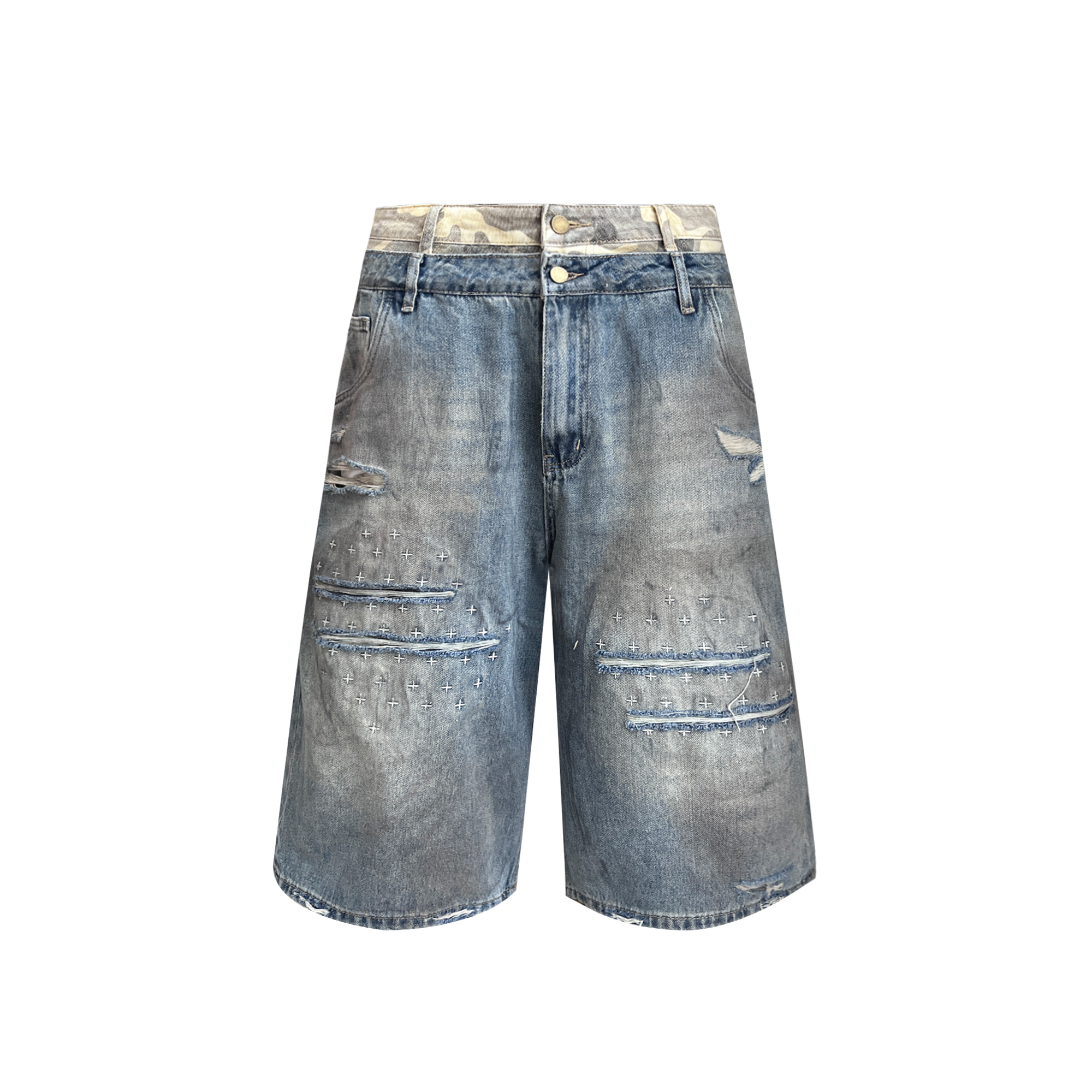 TH4SWE Double-Waist Cross Embroidered Distressed Shorts-Shorts-S-Free Shipping Leatheretro
