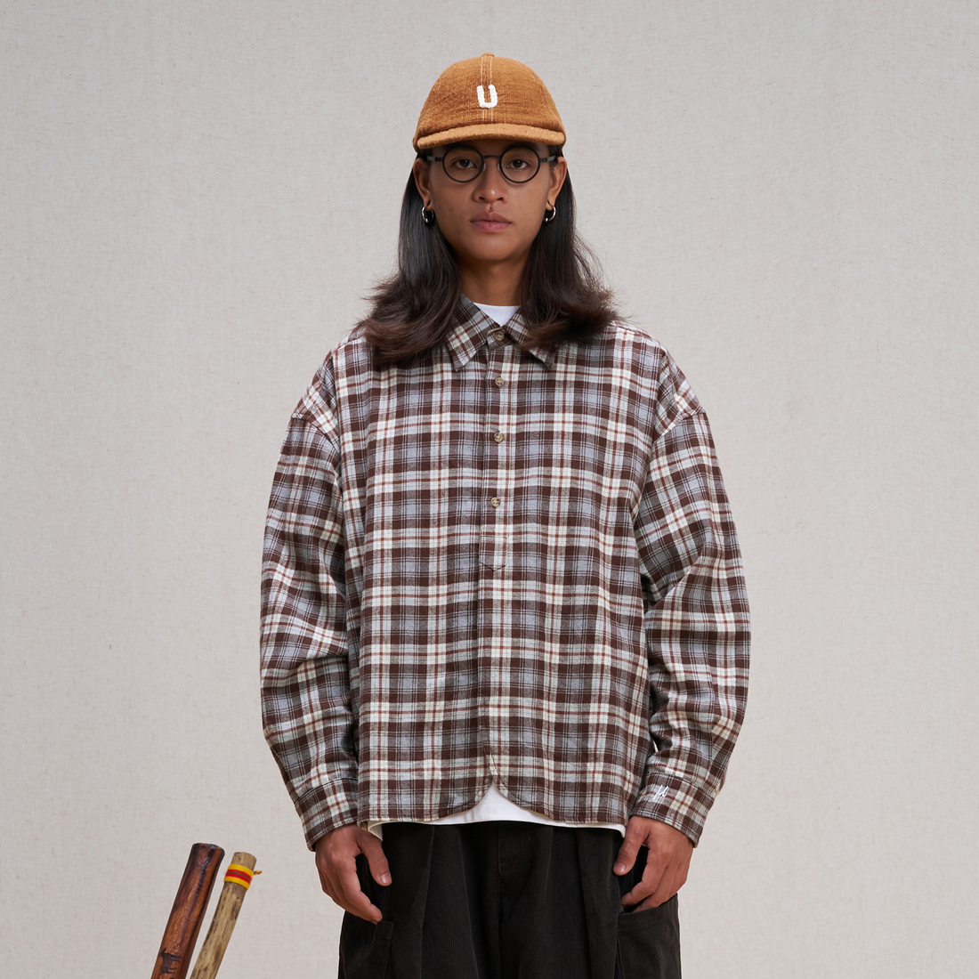 UNLIMITED MOTE Plaid Oversized Half-Open Collar Shirt Brown-Shirt-XS-Free Shipping Leatheretro
