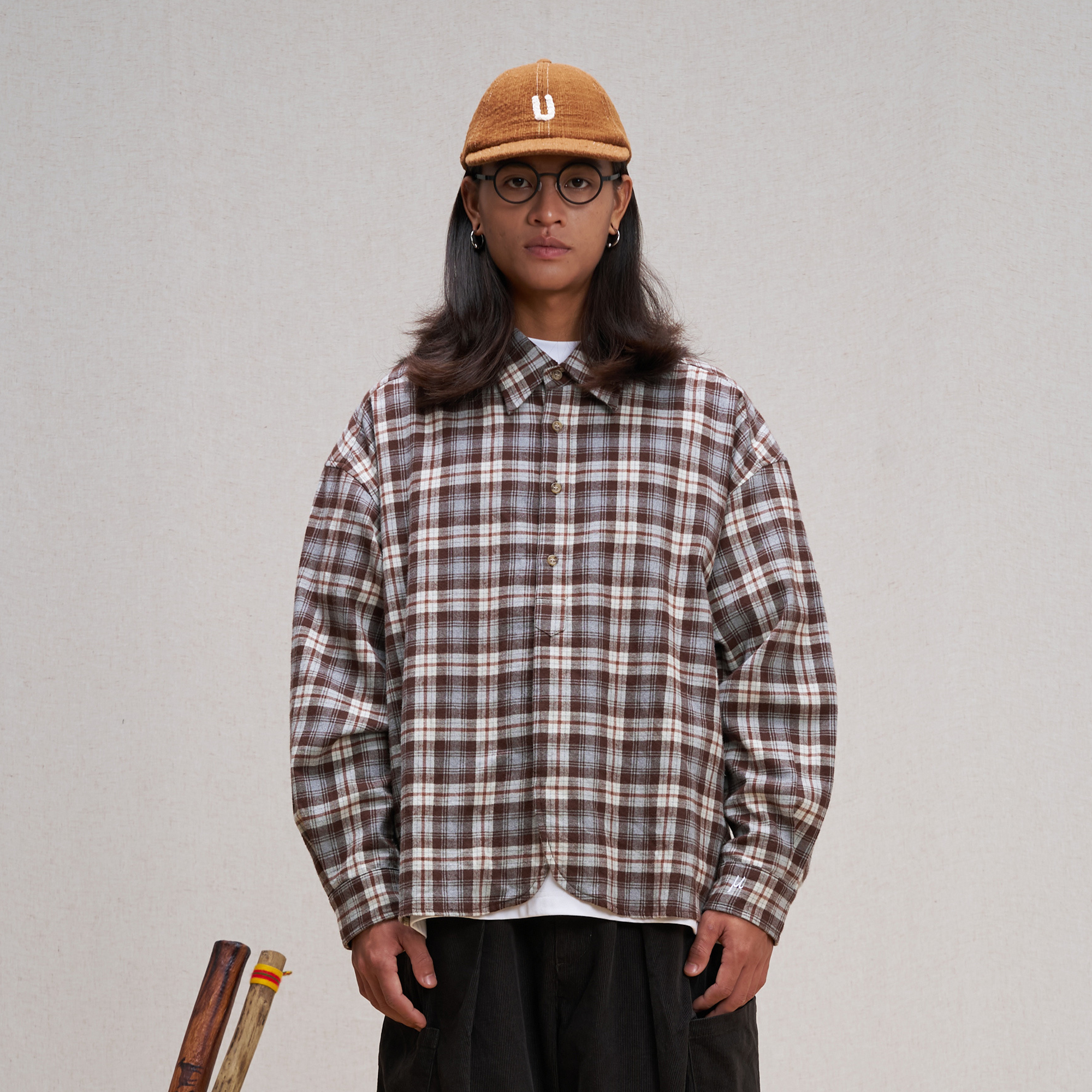 UNLIMITED MOTE Plaid Oversized Half-Open Collar Shirt Brown-Shirt-XS-Free Shipping Leatheretro