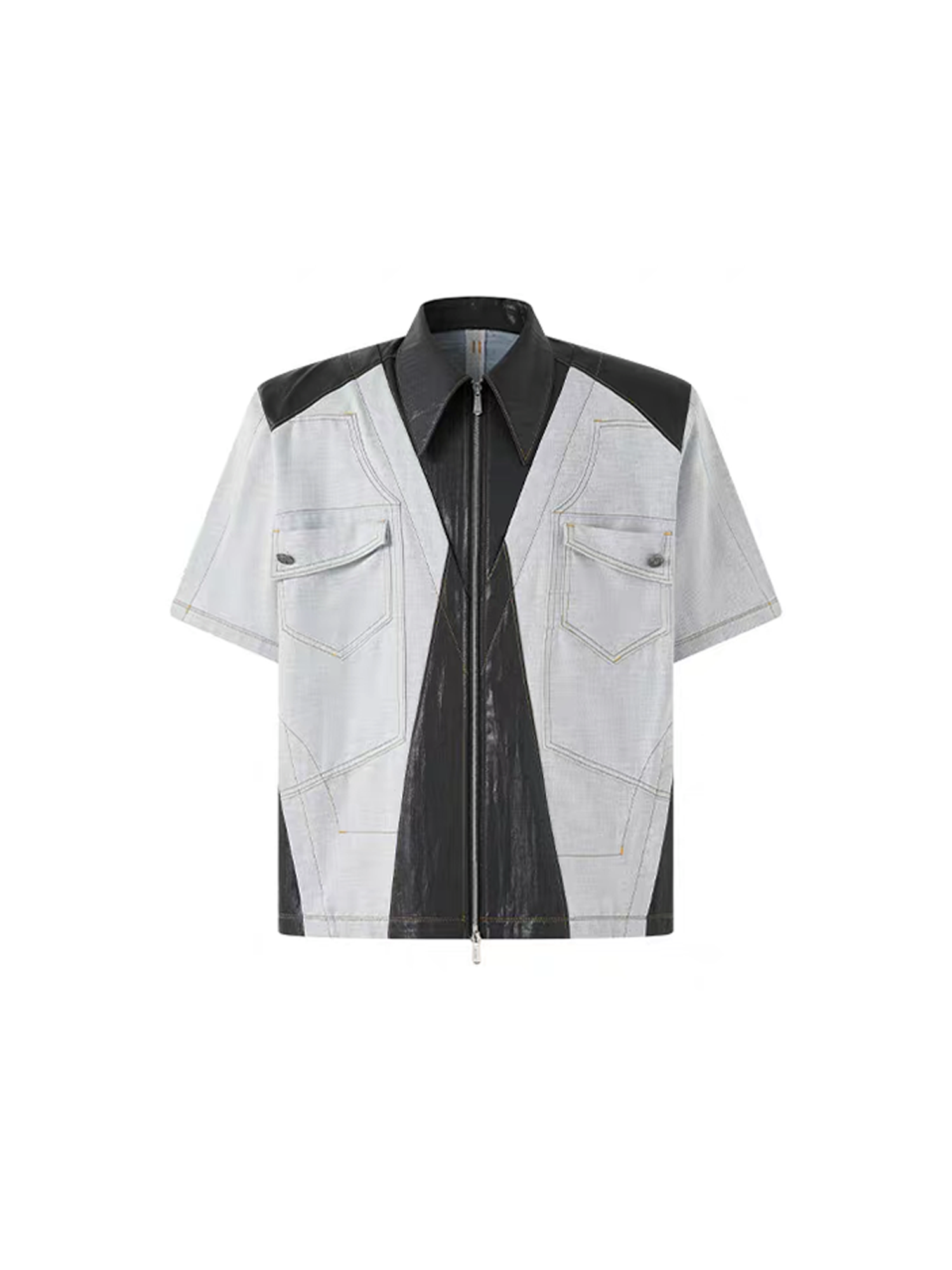 TIWILLTANG Contrast Stitch Paneled Zip-Up Half Shirt-Half shirt-S-Blue-Free Shipping Leatheretro